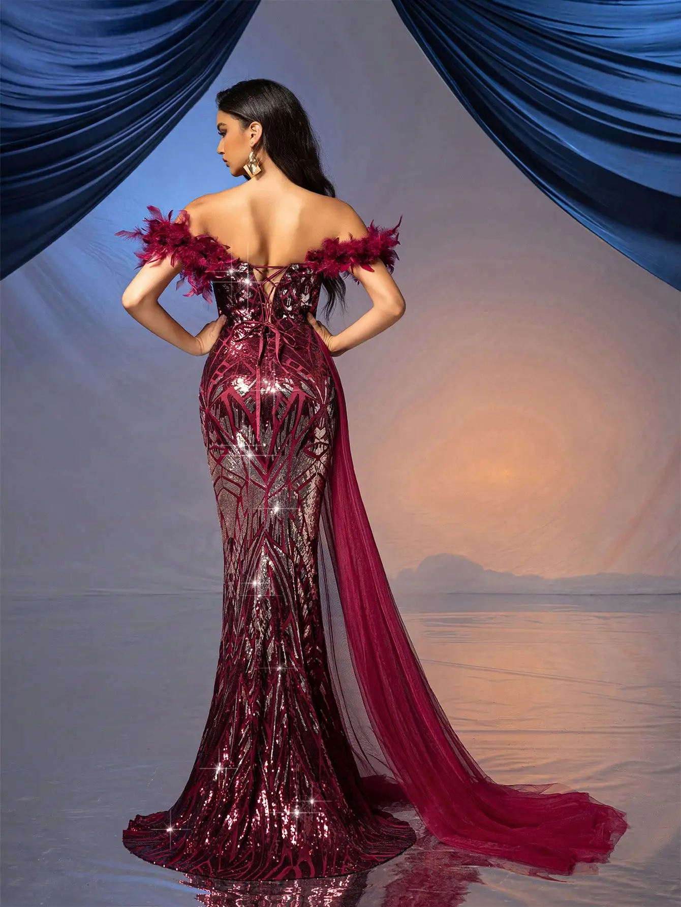 Burgundy Sequin Mermaid Gown with Feather Shoulder & Floral Embroidery for Evening, Wedding Guest, Party - Image 2