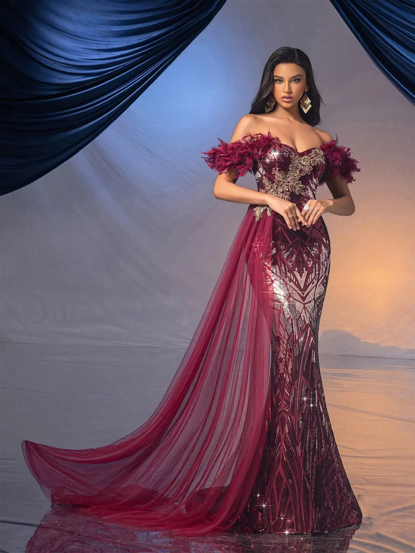 Burgundy Sequin Mermaid Gown with Feather Shoulder & Floral Embroidery for Evening, Wedding Guest, Party - Image 4