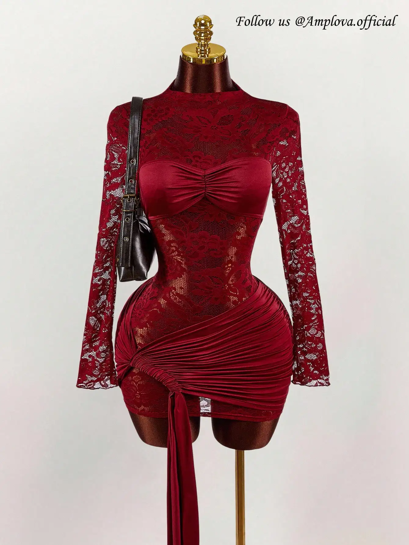Red Lace Bodycon Mini Dress with Long Sleeves, Ruched Bust & Drawstring Hem for Party Night Club