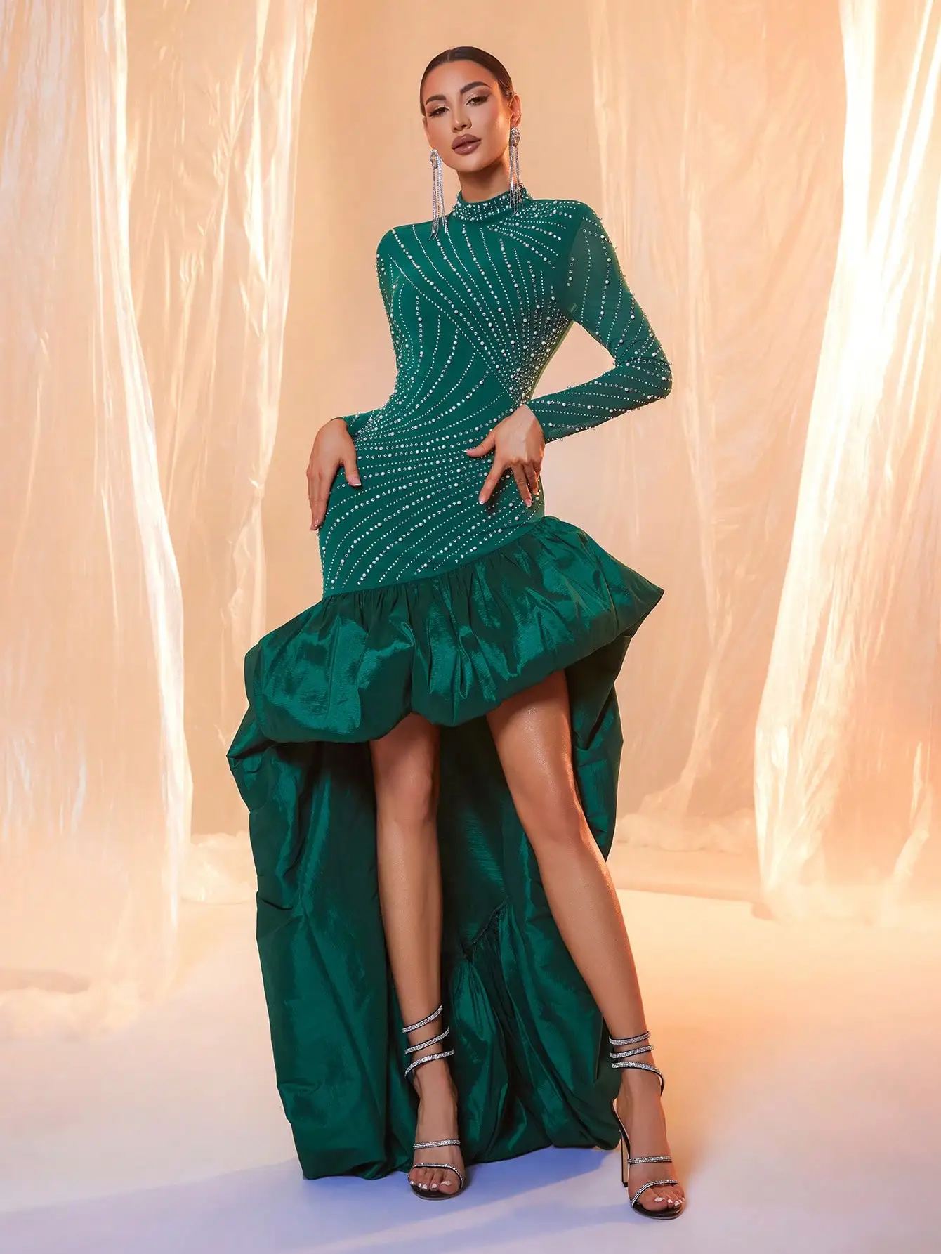 Emerald Green Long Sleeve Sequin Stand Collar Asymmetrical High Low Evening Dress - Image 2