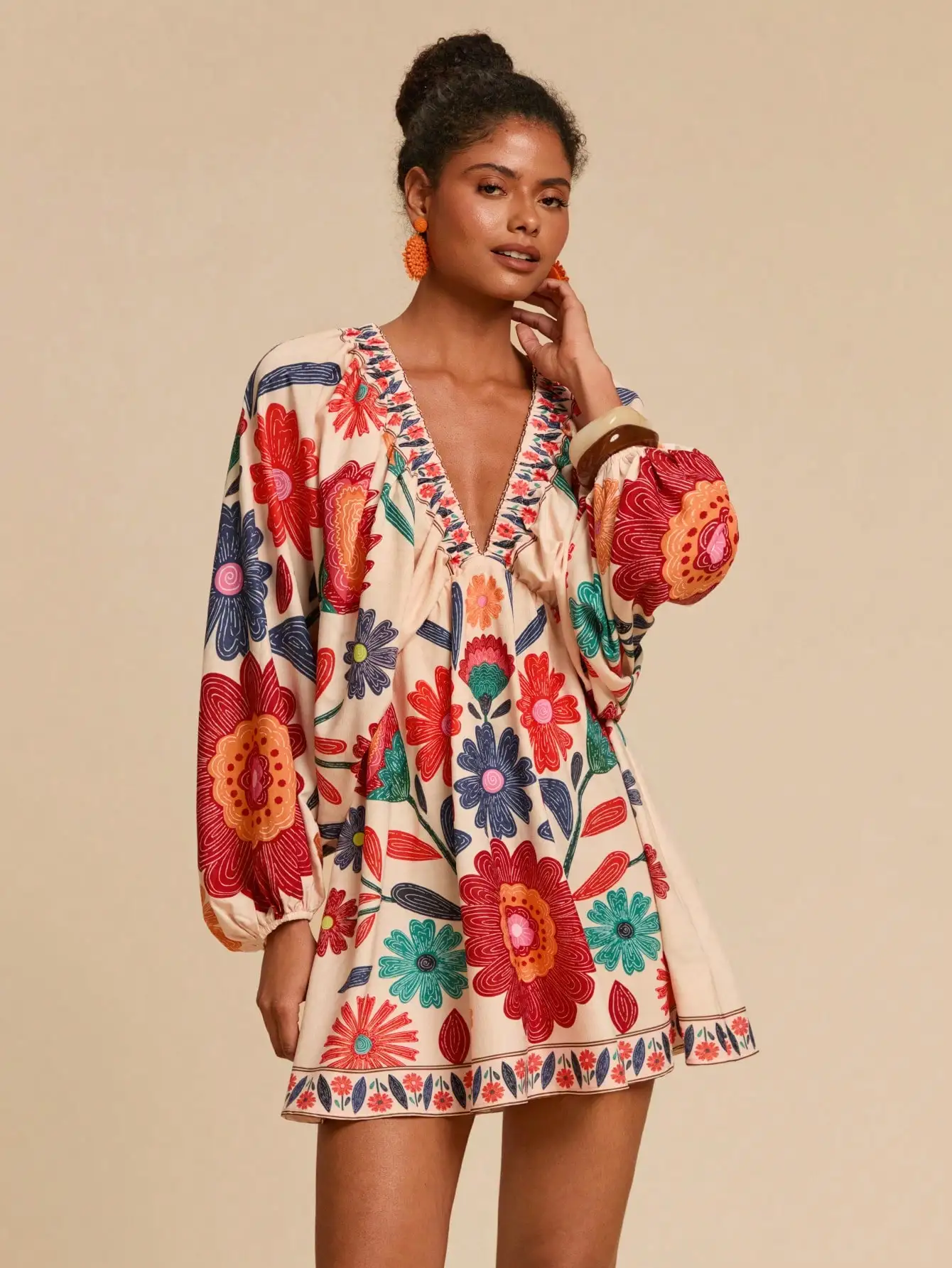 V-Neck Loose Fit Floral Print Chiffon Mini Dress with Embroidered Trim - Image 5