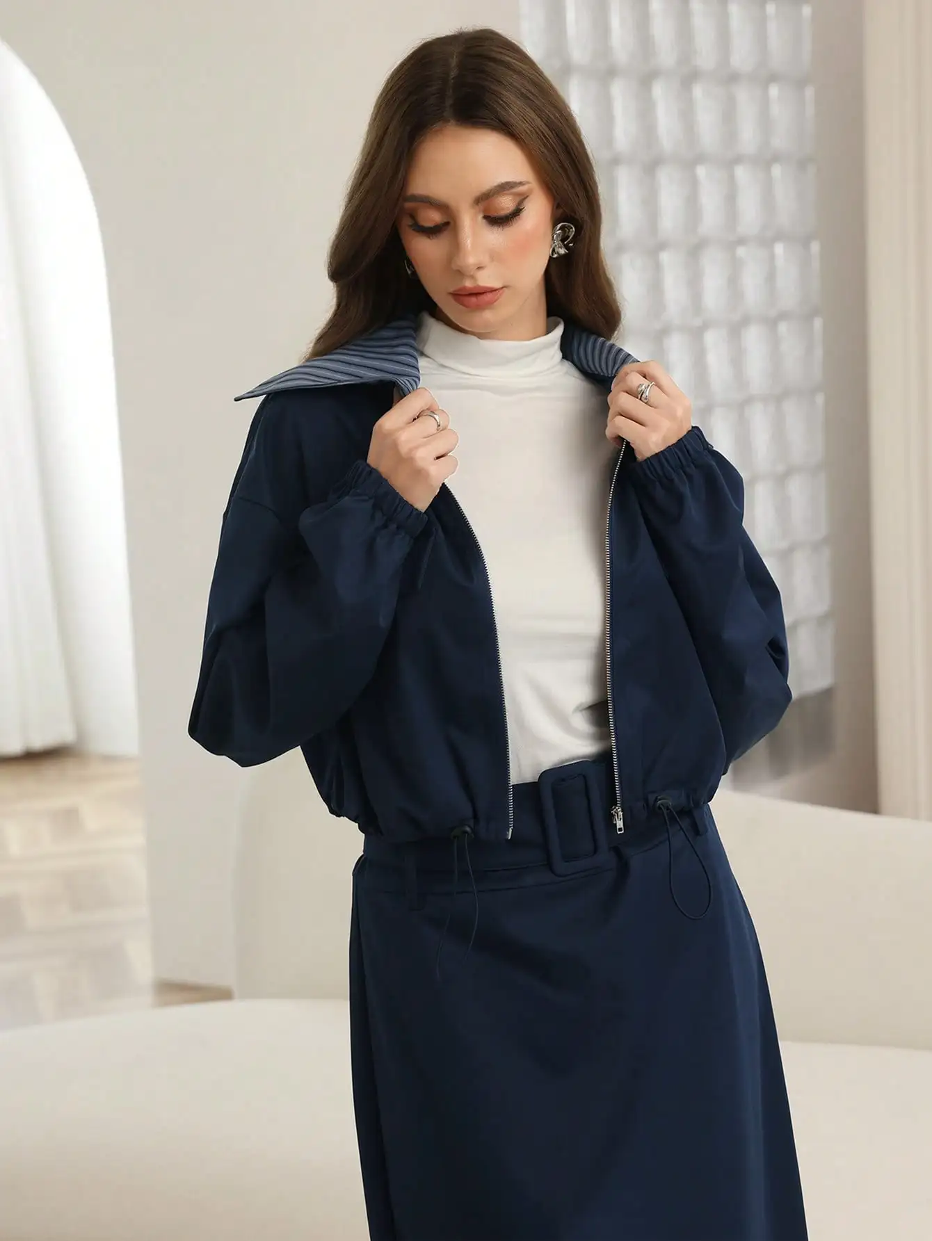 Women's Navy Blue Utility Zip-Up Short Jacket Top With Striped Fabric, Long Sleeve, Wide Waistband, D-Ring Belt