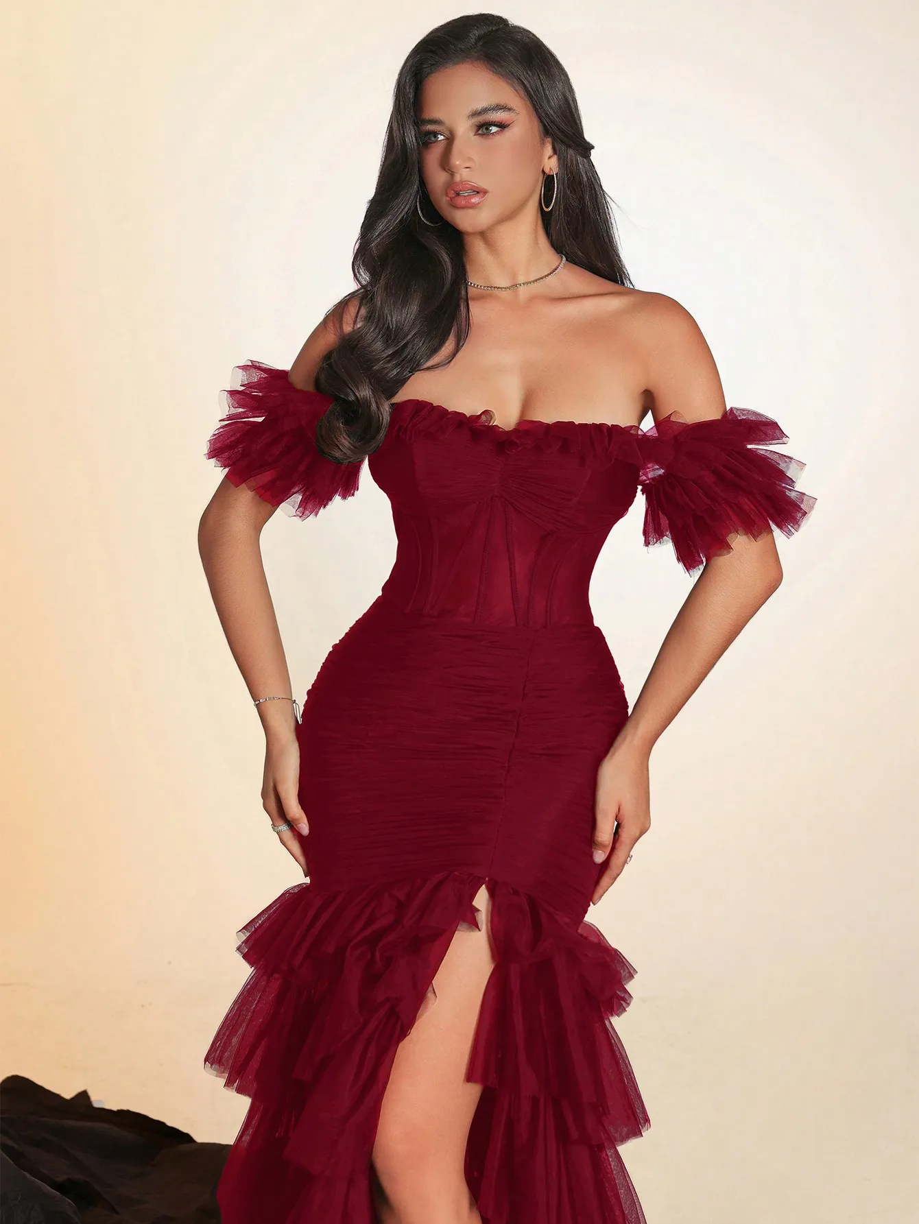 Elegant Off Shoulder Ruched Mermaid Dress with Tulle Ruffles for Prom Wedding Guest Party - Image 6