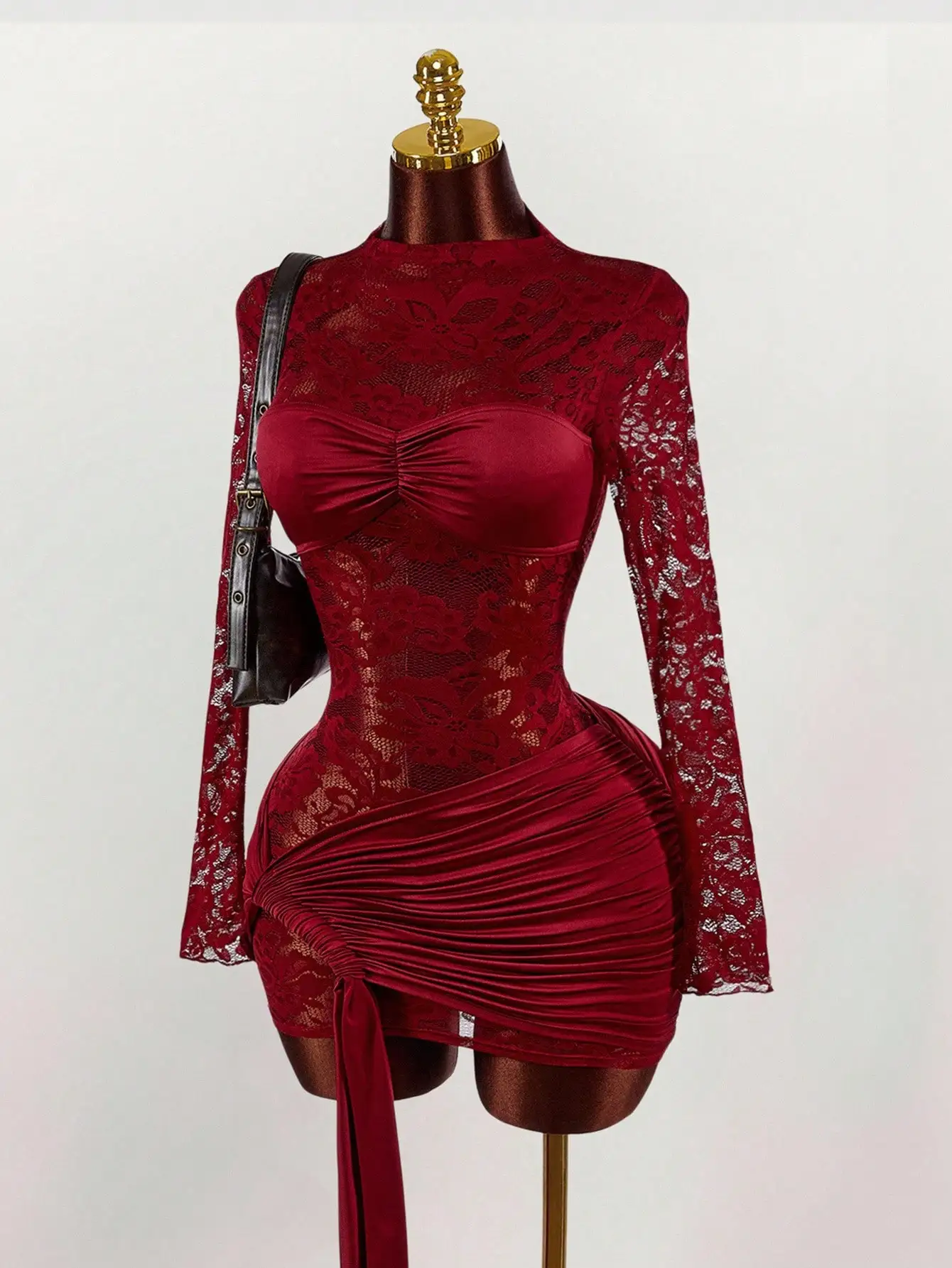 Red Lace Bodycon Mini Dress with Long Sleeves, Ruched Bust & Drawstring Hem for Party Night Club - Image 2