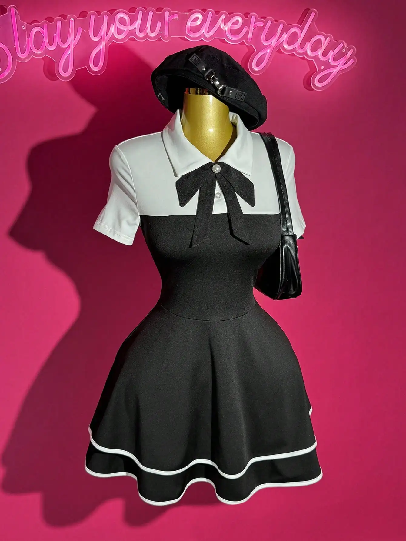 Polo Collar Bowknot Color Block Mini Dress with Ruffle Hem, A-Line Fit for Casual Date Party - Image 3