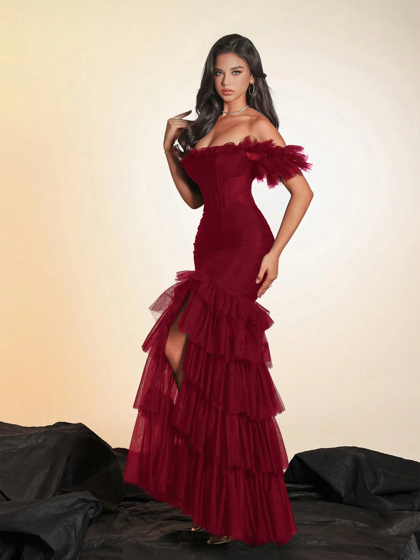 Elegant Off Shoulder Ruched Mermaid Dress with Tulle Ruffles for Prom Wedding Guest Party - Image 5
