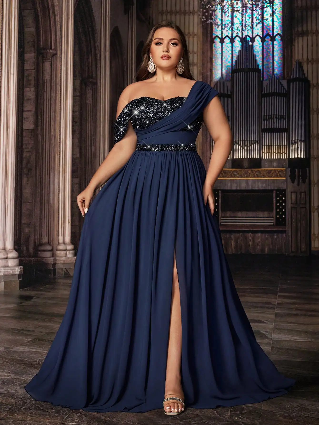 Navy Blue Plus Size Off Shoulder Sequin Gown with High Slit for Prom & Evening Events