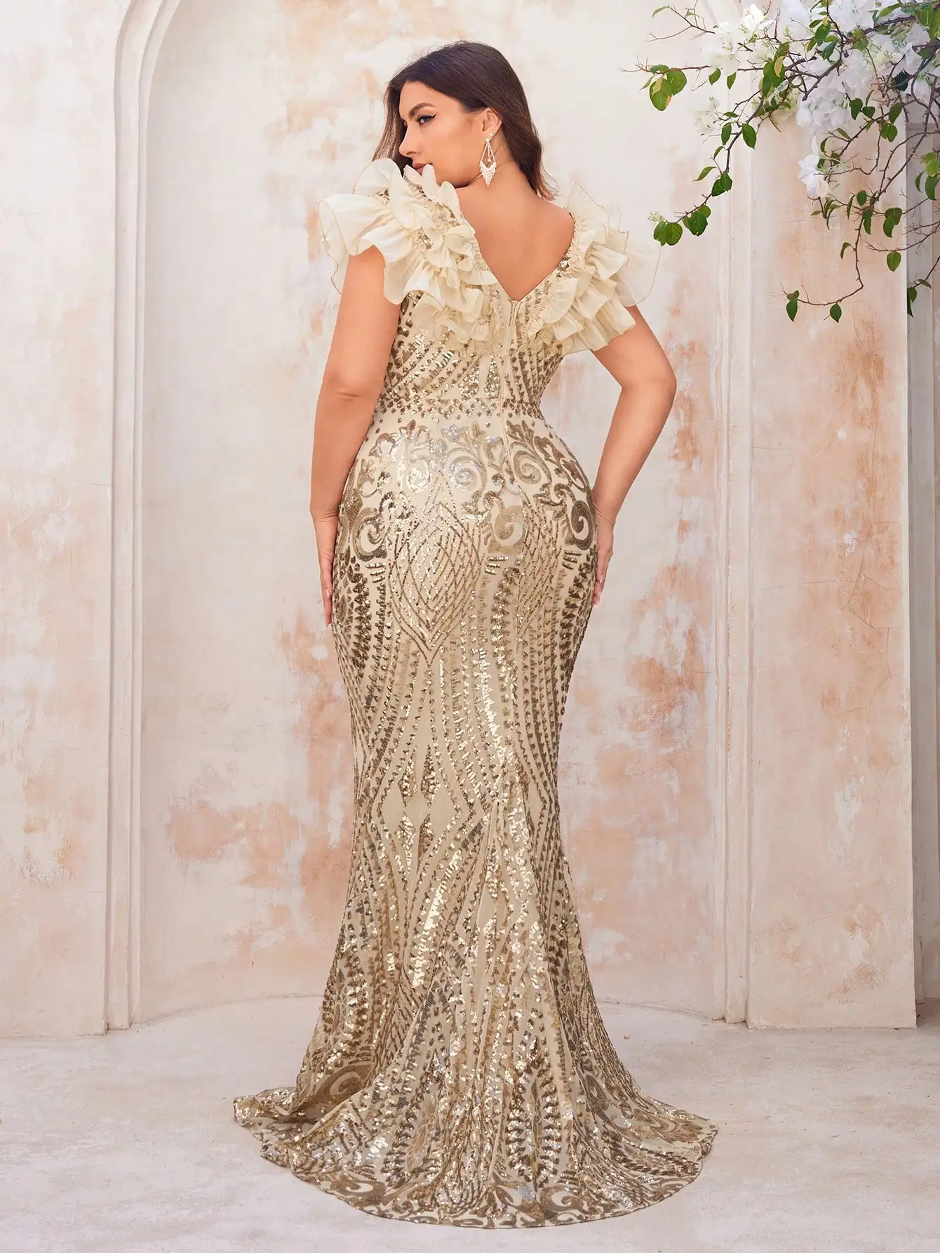 Champagne Gold Sequin Ruffled Fish Tail Evening Dress for Prom, Wedding Guest, Graduation - Image 2