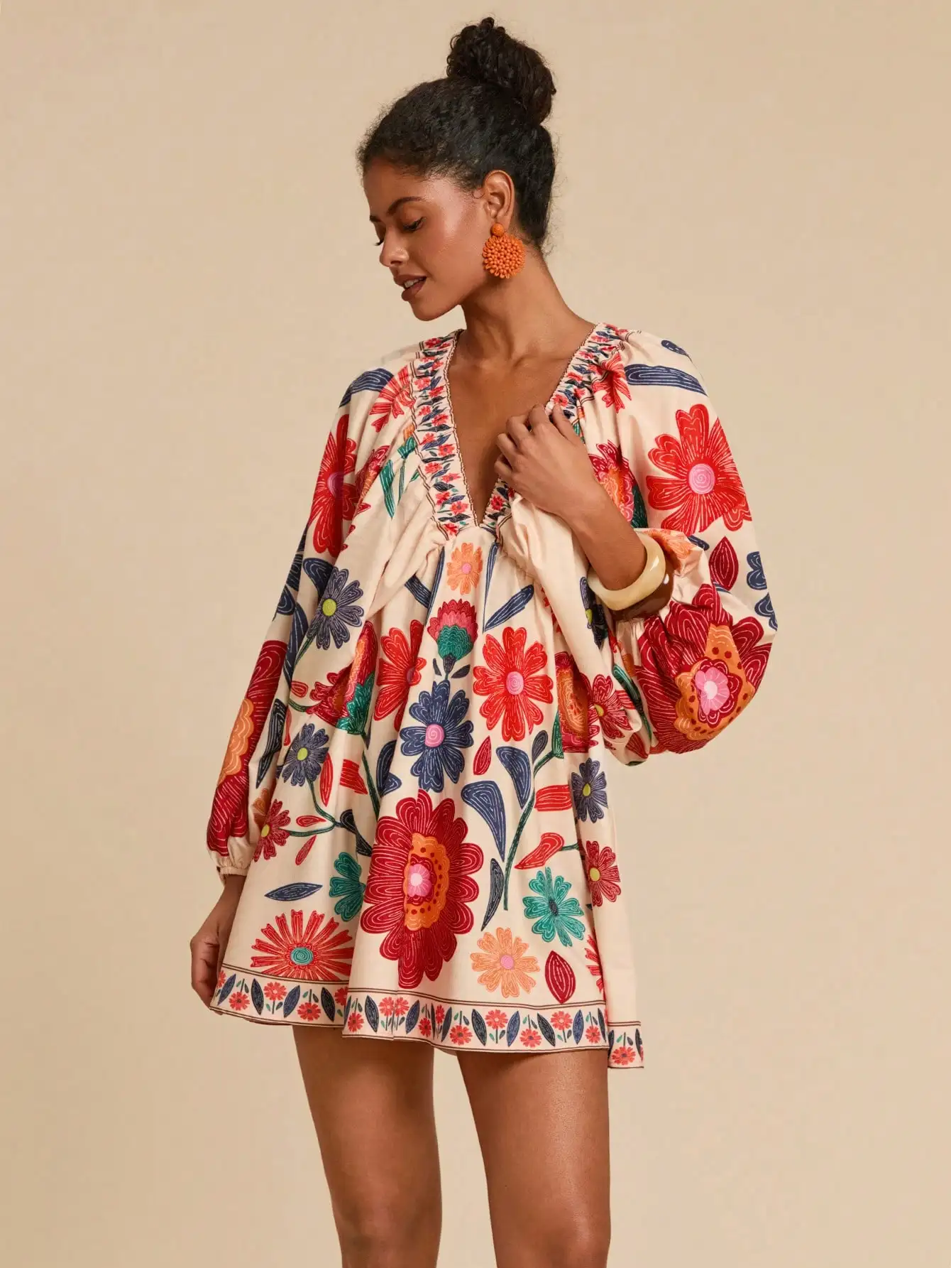 V-Neck Loose Fit Floral Print Chiffon Mini Dress with Embroidered Trim - Image 6