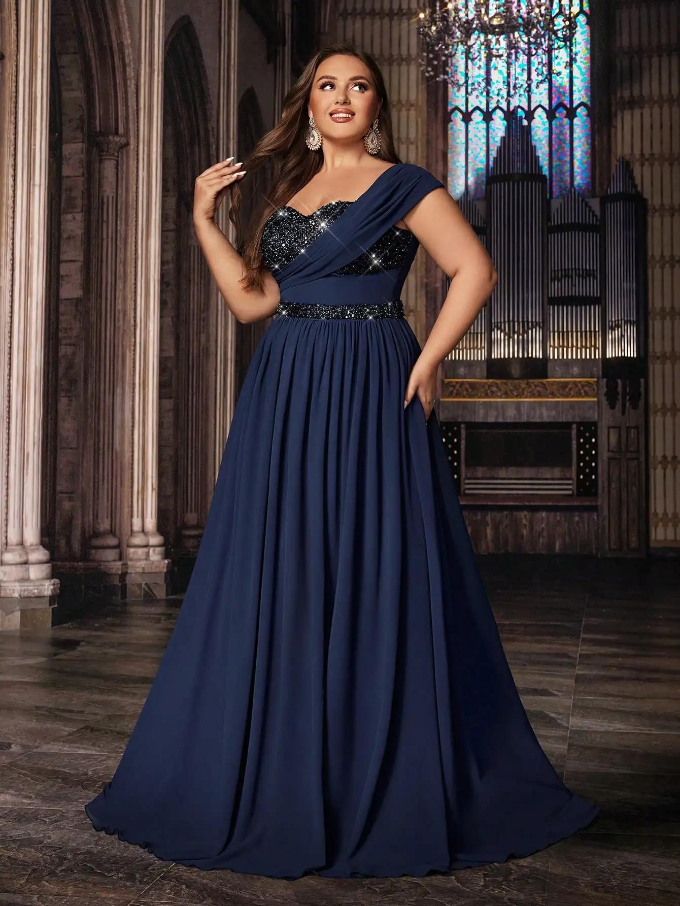Navy Blue Plus Size Off Shoulder Sequin Gown with High Slit for Prom & Evening Events - Image 4
