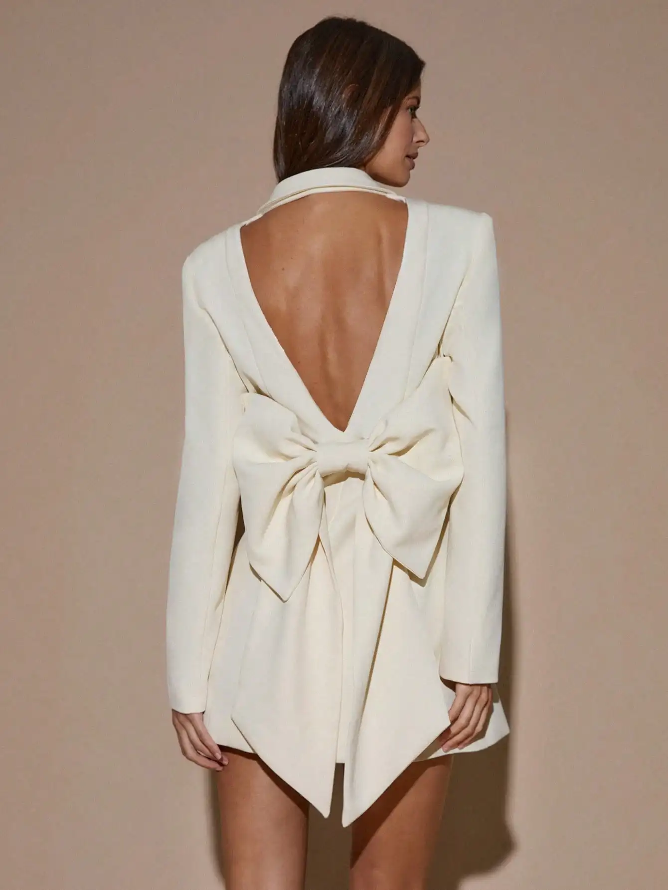 Cream Solid Backless Long Sleeve Blazer Dress with Bow Detail Mini Dress - Image 5