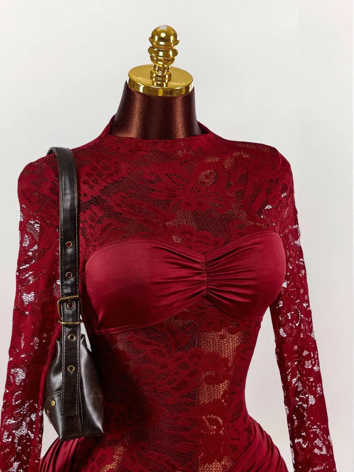 Red Lace Bodycon Mini Dress with Long Sleeves, Ruched Bust & Drawstring Hem for Party Night Club - Image 4