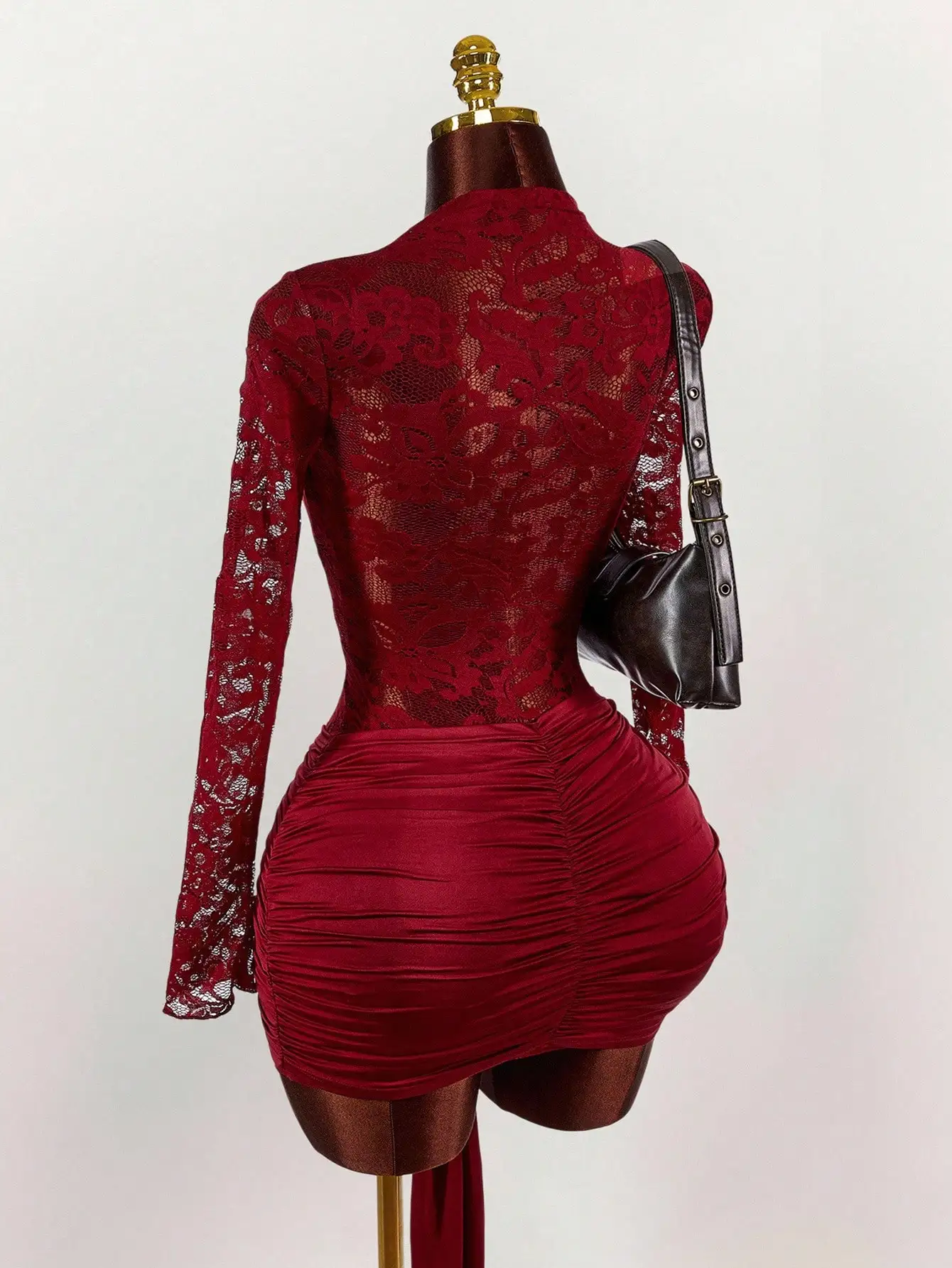 Red Lace Bodycon Mini Dress with Long Sleeves, Ruched Bust & Drawstring Hem for Party Night Club - Image 6