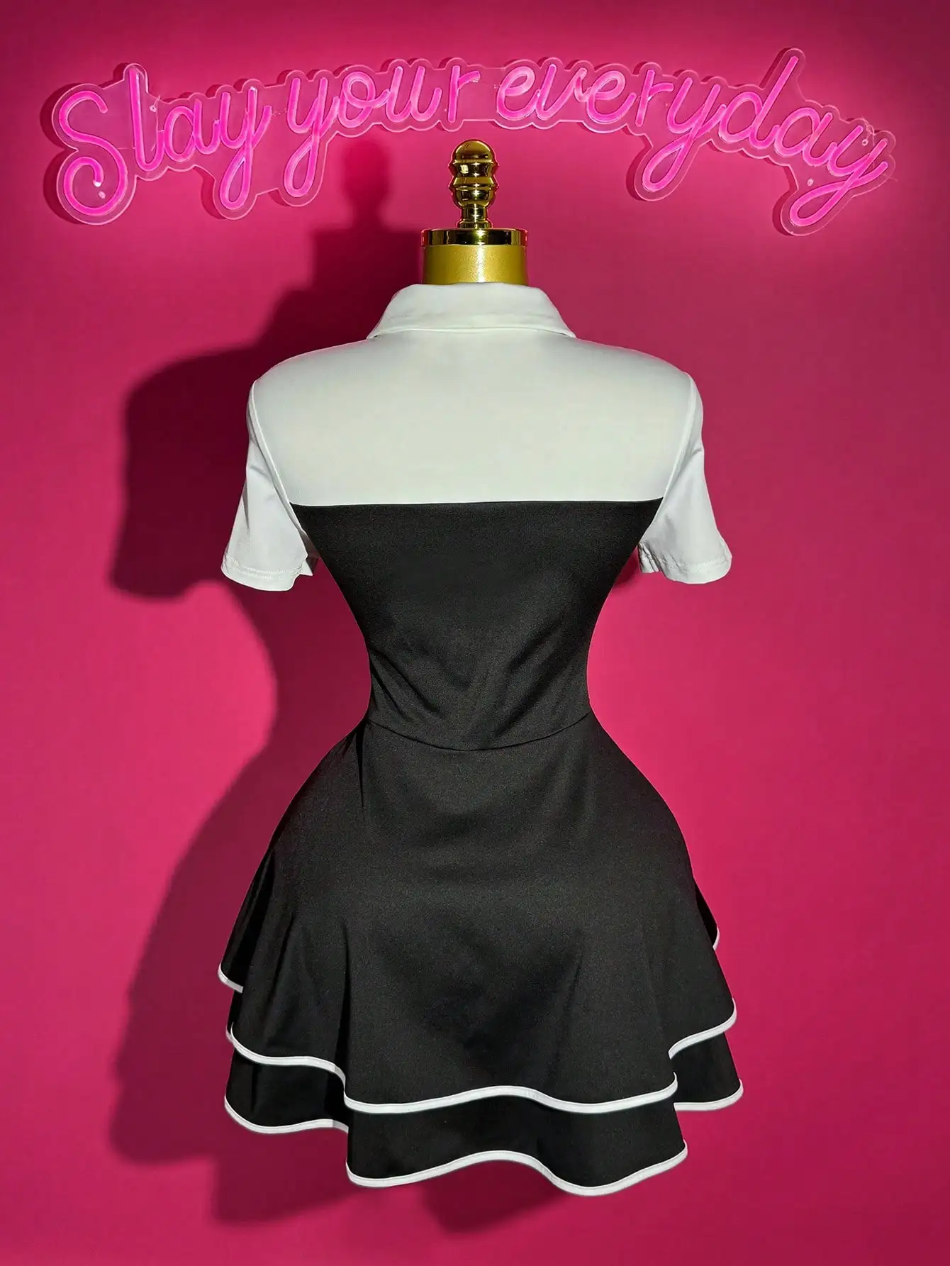 Polo Collar Bowknot Color Block Mini Dress with Ruffle Hem, A-Line Fit for Casual Date Party - Image 2