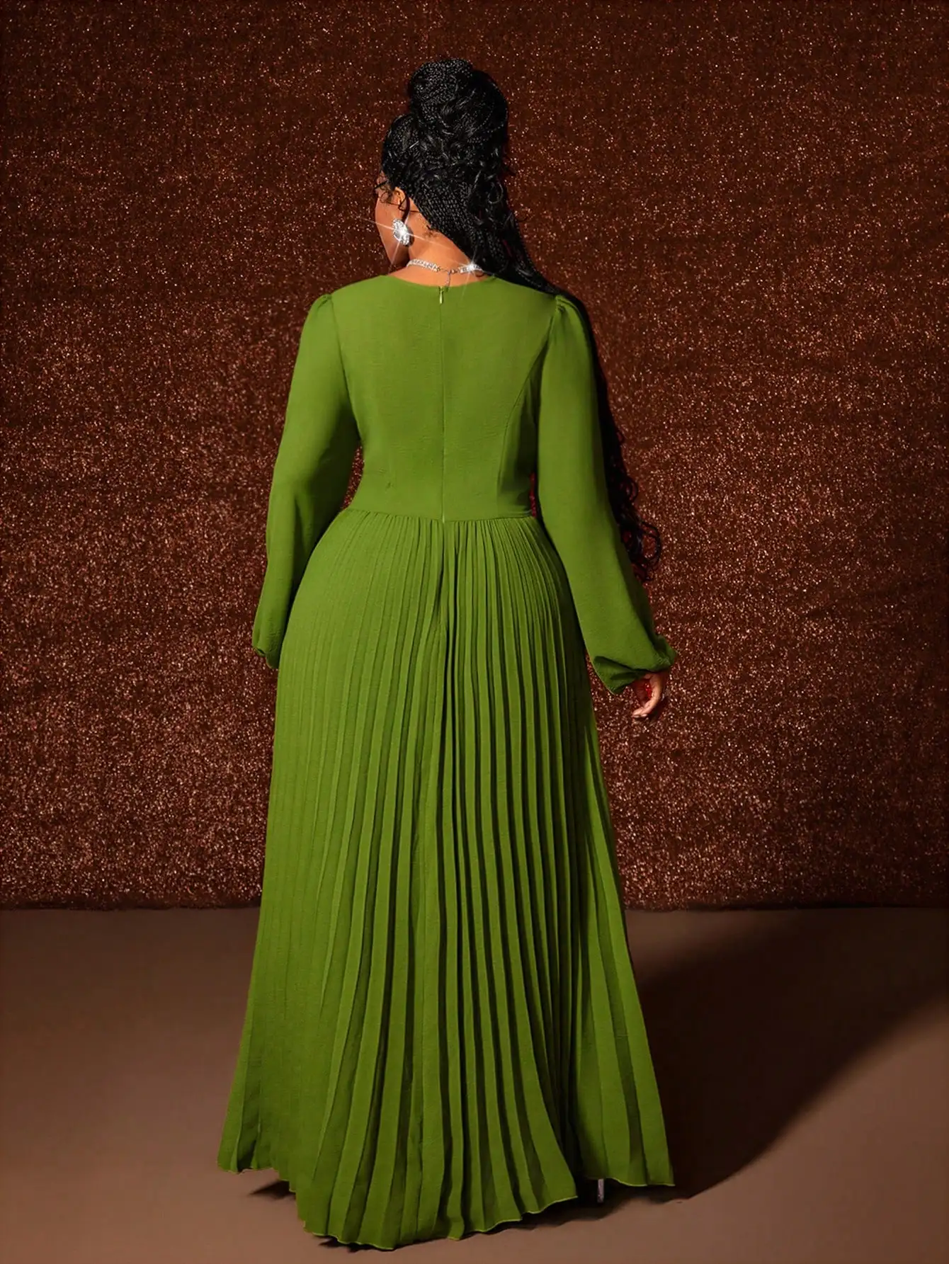 Olive Green V-Neck Pleated Maxi Dress with 3D Floral Waist Detail - Image 5