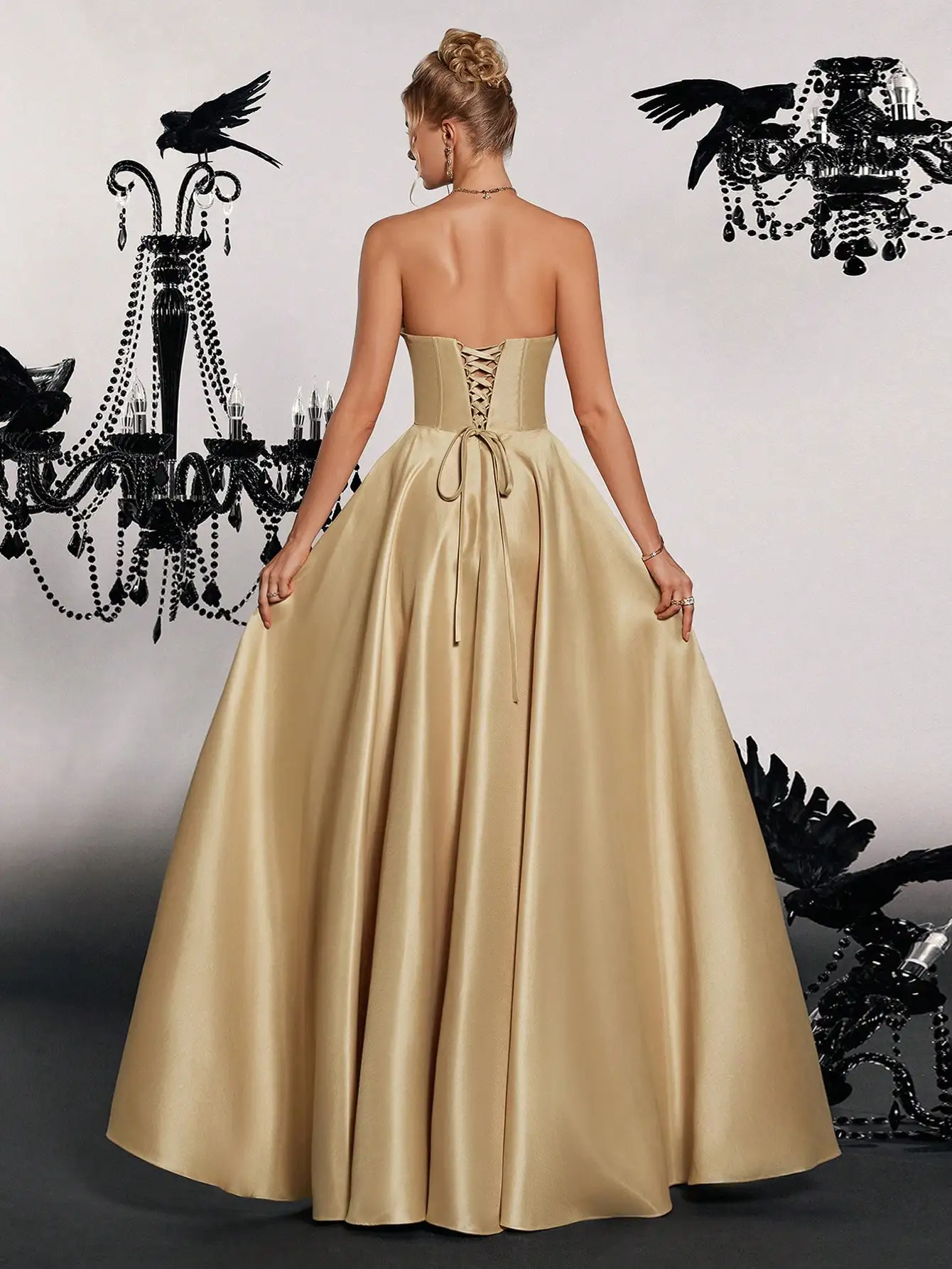 Elegant Strapless Satin Gown with High Slit, Formal Evening Dress for Wedding Guest or Party - Image 2