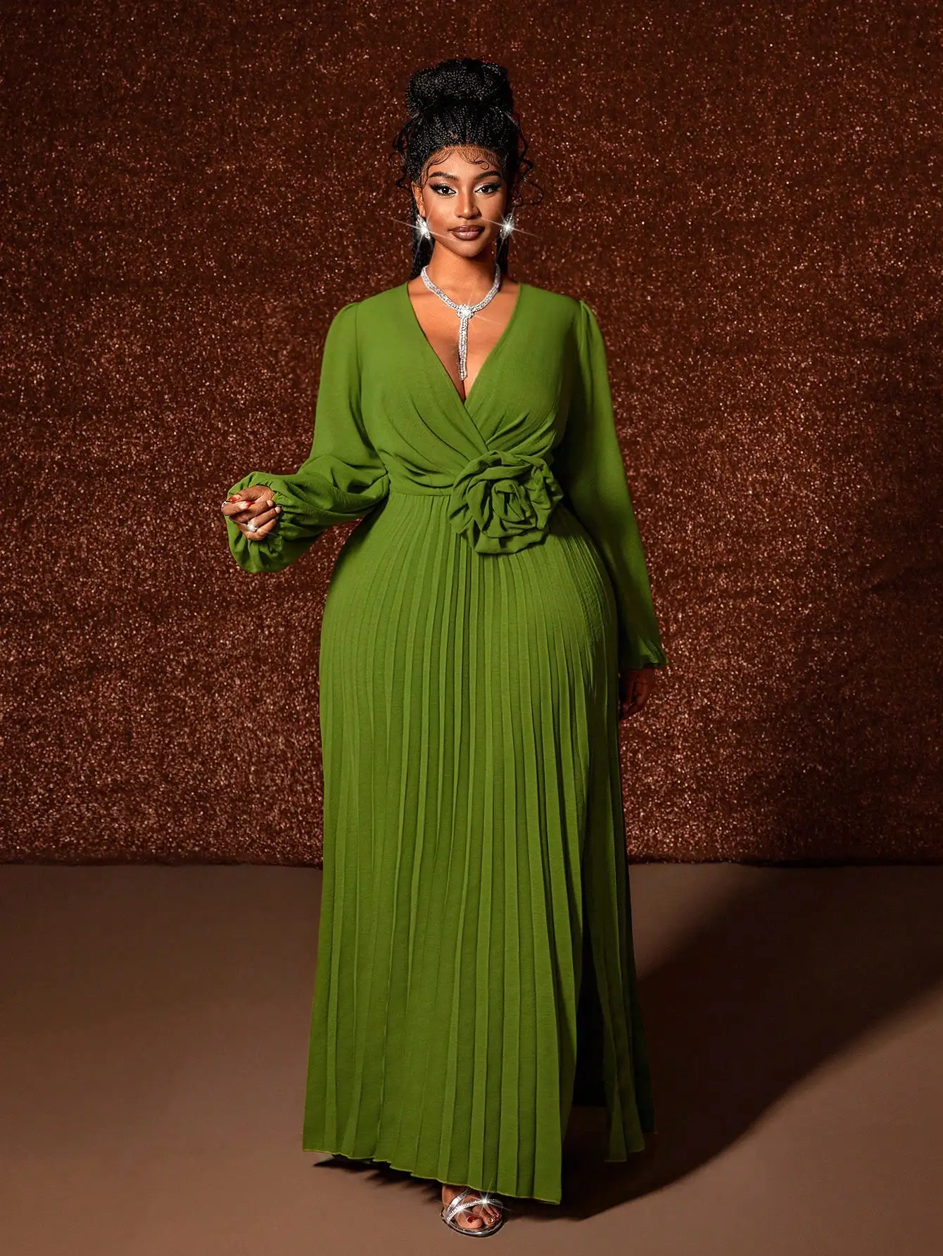 Olive Green V-Neck Pleated Maxi Dress with 3D Floral Waist Detail - Image 3