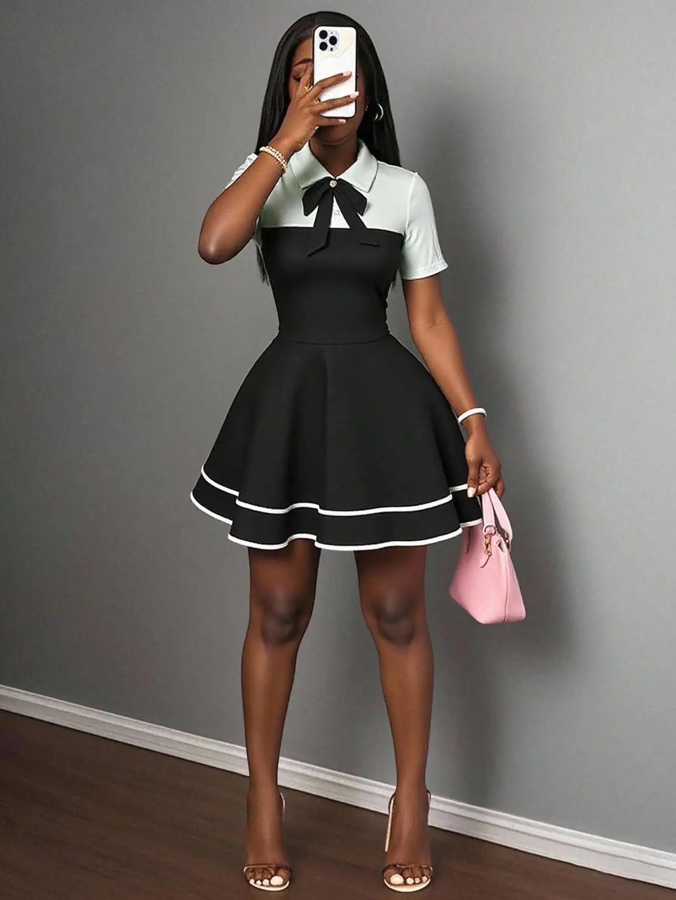 Polo Collar Bowknot Color Block Mini Dress with Ruffle Hem, A-Line Fit for Casual Date Party