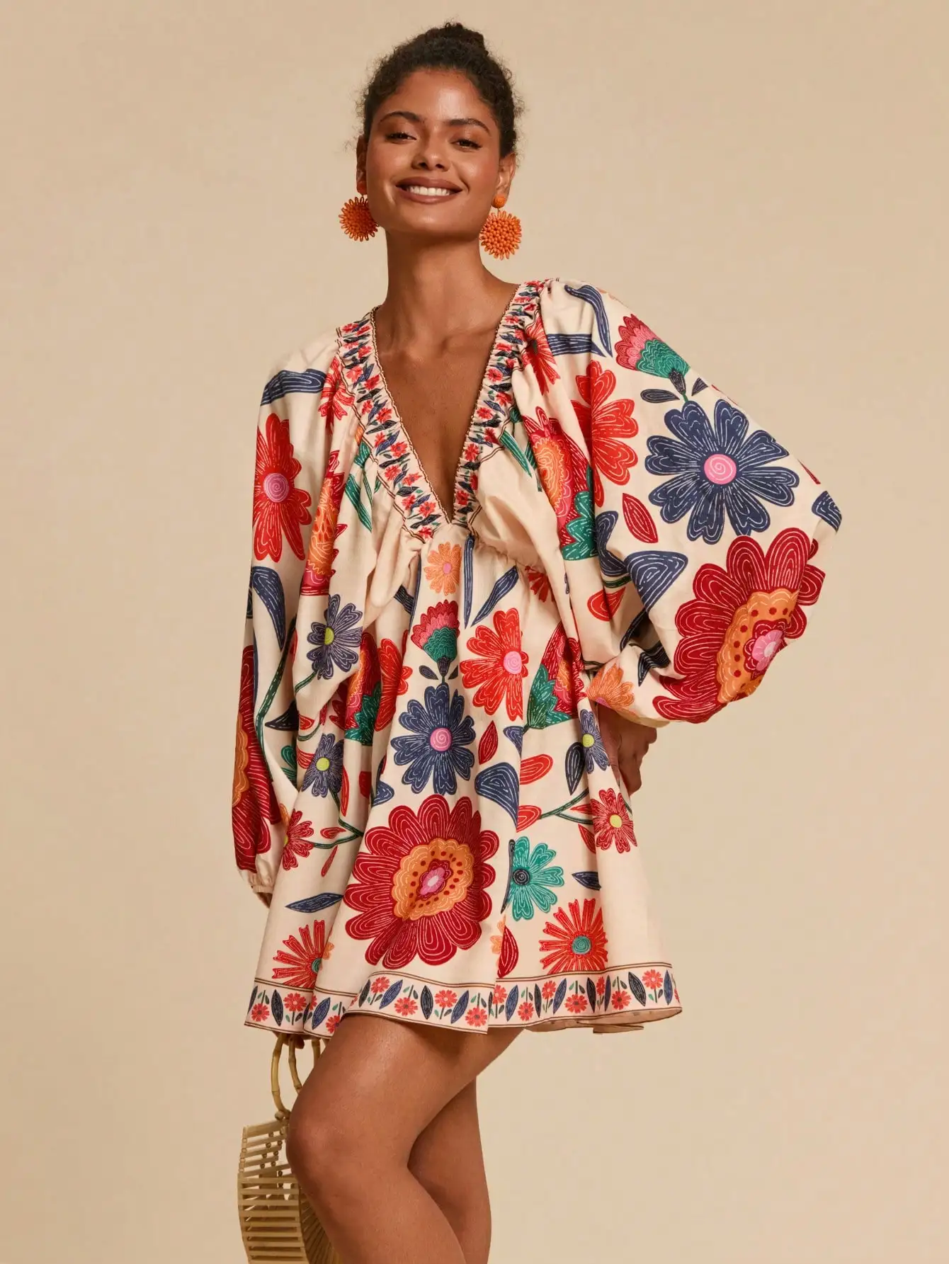 V-Neck Loose Fit Floral Print Chiffon Mini Dress with Embroidered Trim - Image 4