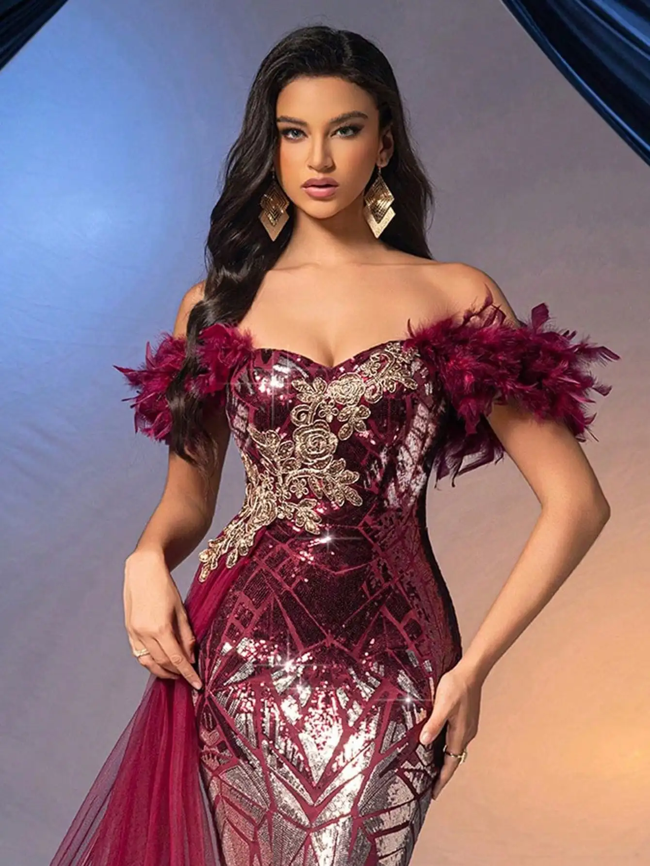 Burgundy Sequin Mermaid Gown with Feather Shoulder & Floral Embroidery for Evening, Wedding Guest, Party - Image 6