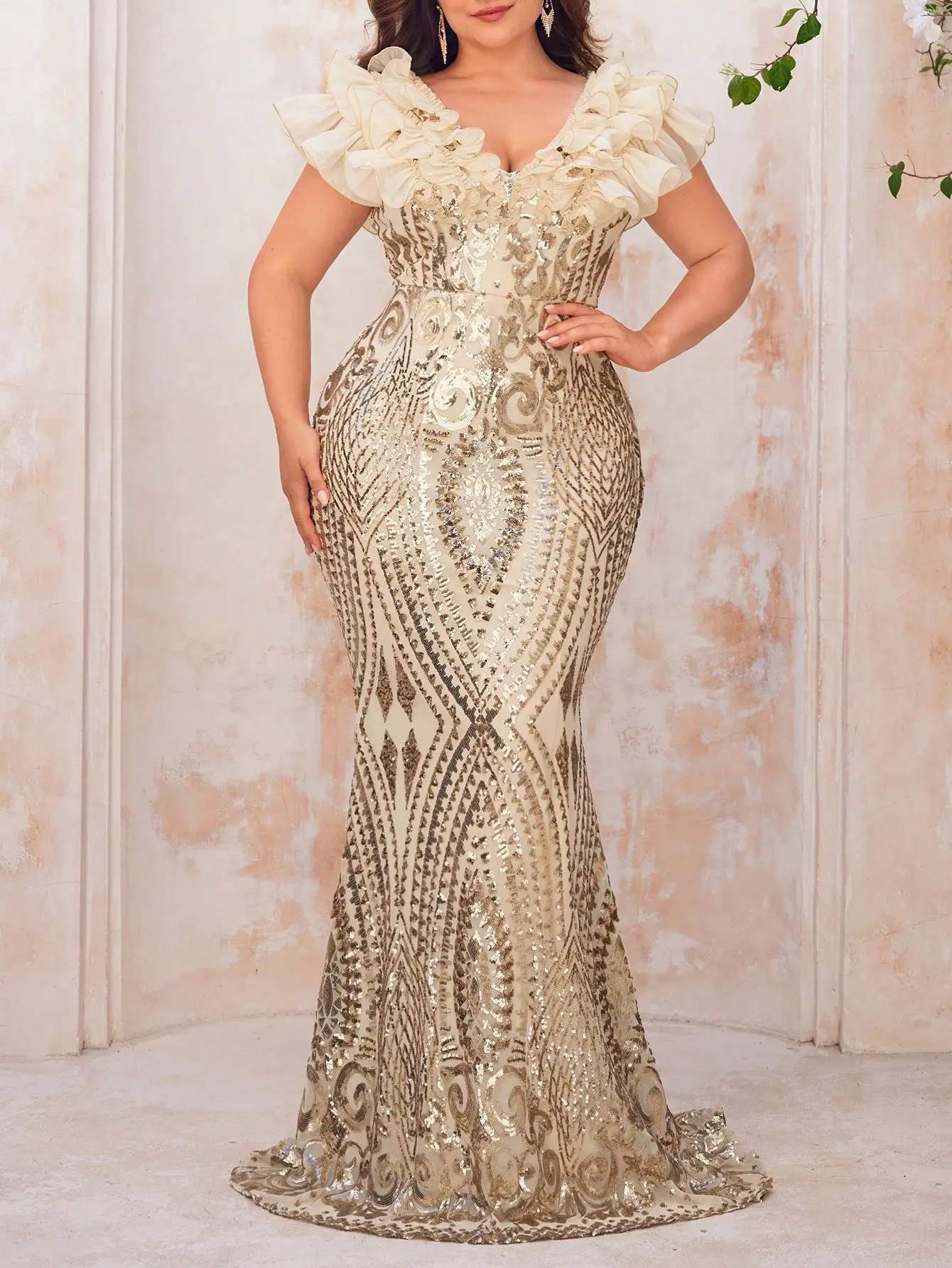 Champagne Gold Sequin Ruffled Fish Tail Evening Dress for Prom, Wedding Guest, Graduation - Image 6