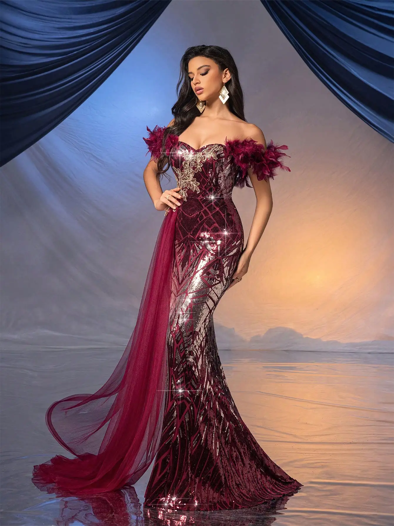 Burgundy Sequin Mermaid Gown with Feather Shoulder & Floral Embroidery for Evening, Wedding Guest, Party - Image 5