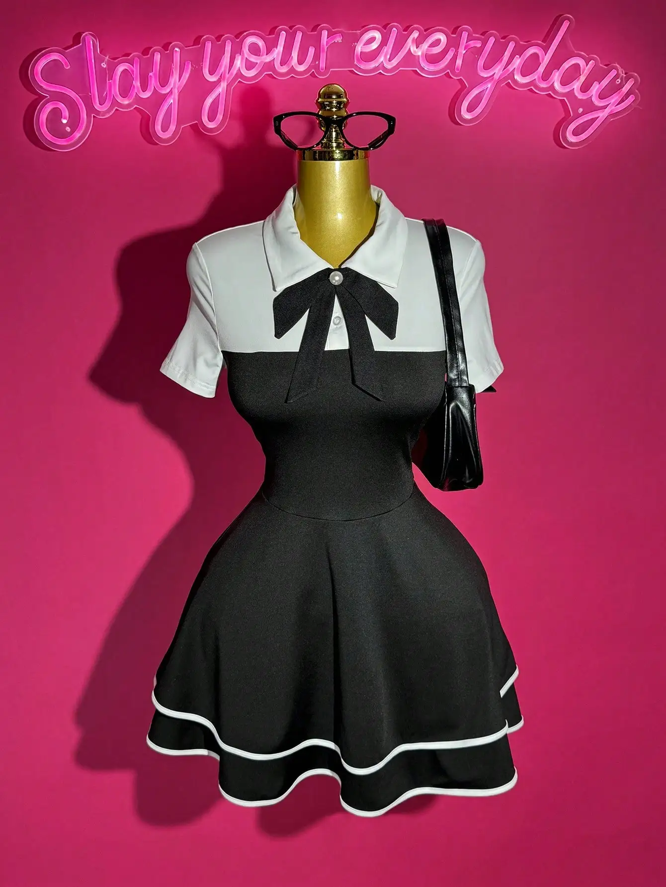 Polo Collar Bowknot Color Block Mini Dress with Ruffle Hem, A-Line Fit for Casual Date Party - Image 6