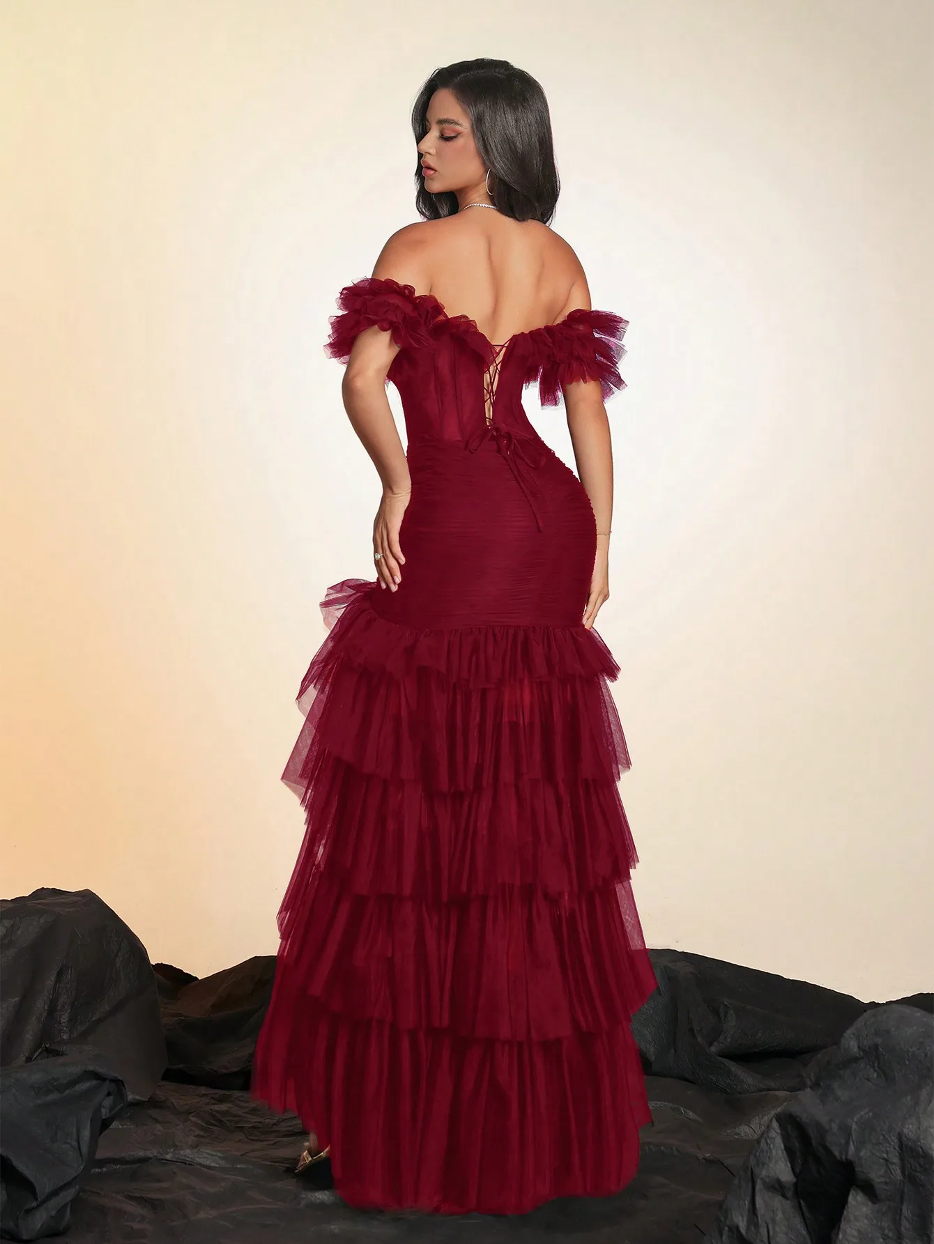 Elegant Off Shoulder Ruched Mermaid Dress with Tulle Ruffles for Prom Wedding Guest Party - Image 2