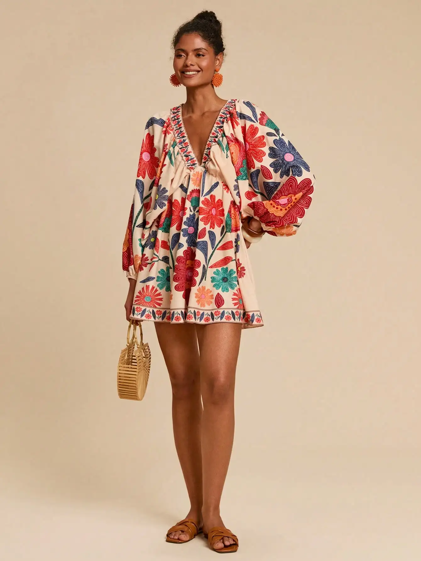 V-Neck Loose Fit Floral Print Chiffon Mini Dress with Embroidered Trim - Image 3