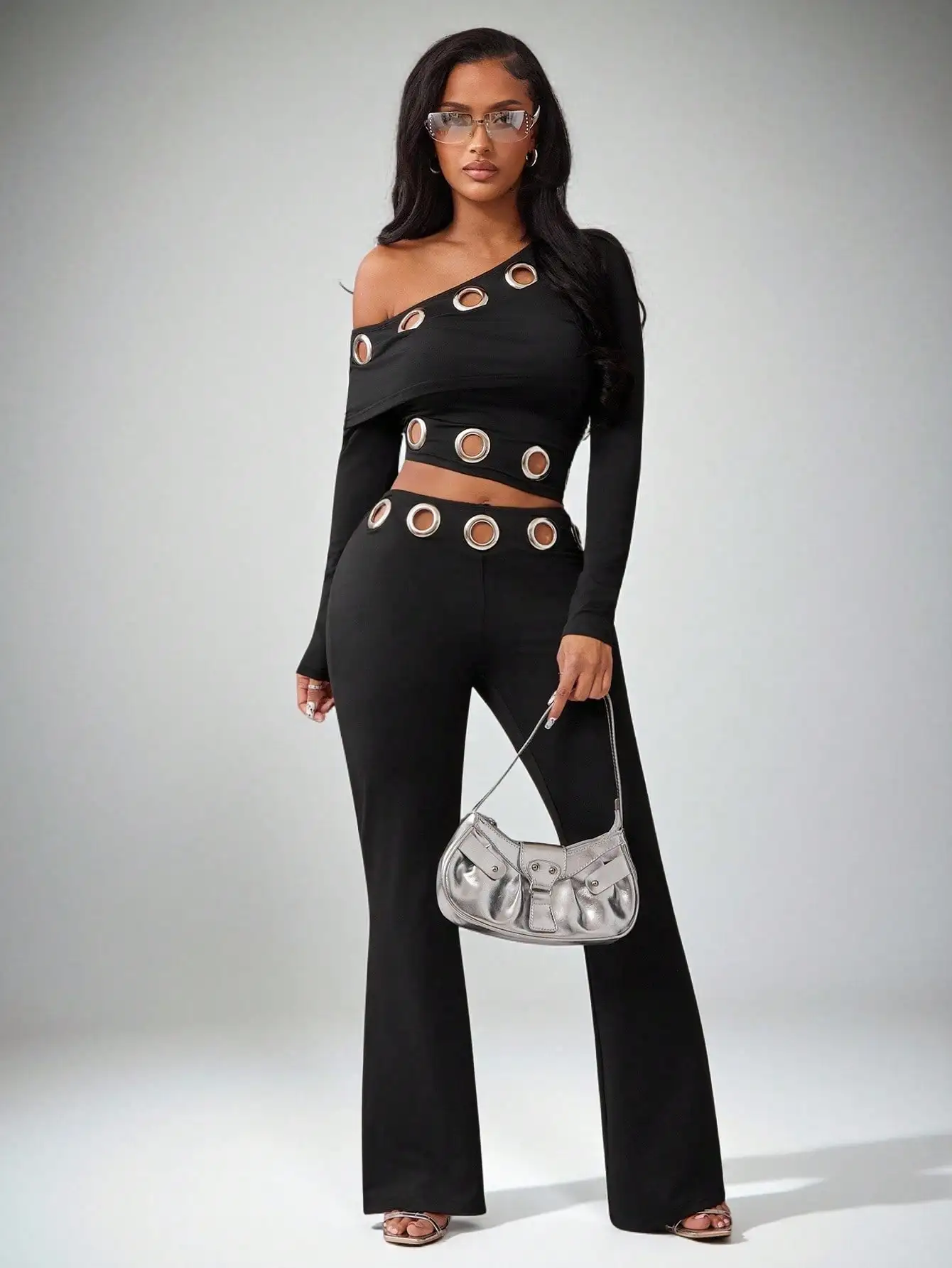 Black Asymmetrical Long Sleeve Top & Low-Waist Pants Set with Metal Grommet Detail - Image 4