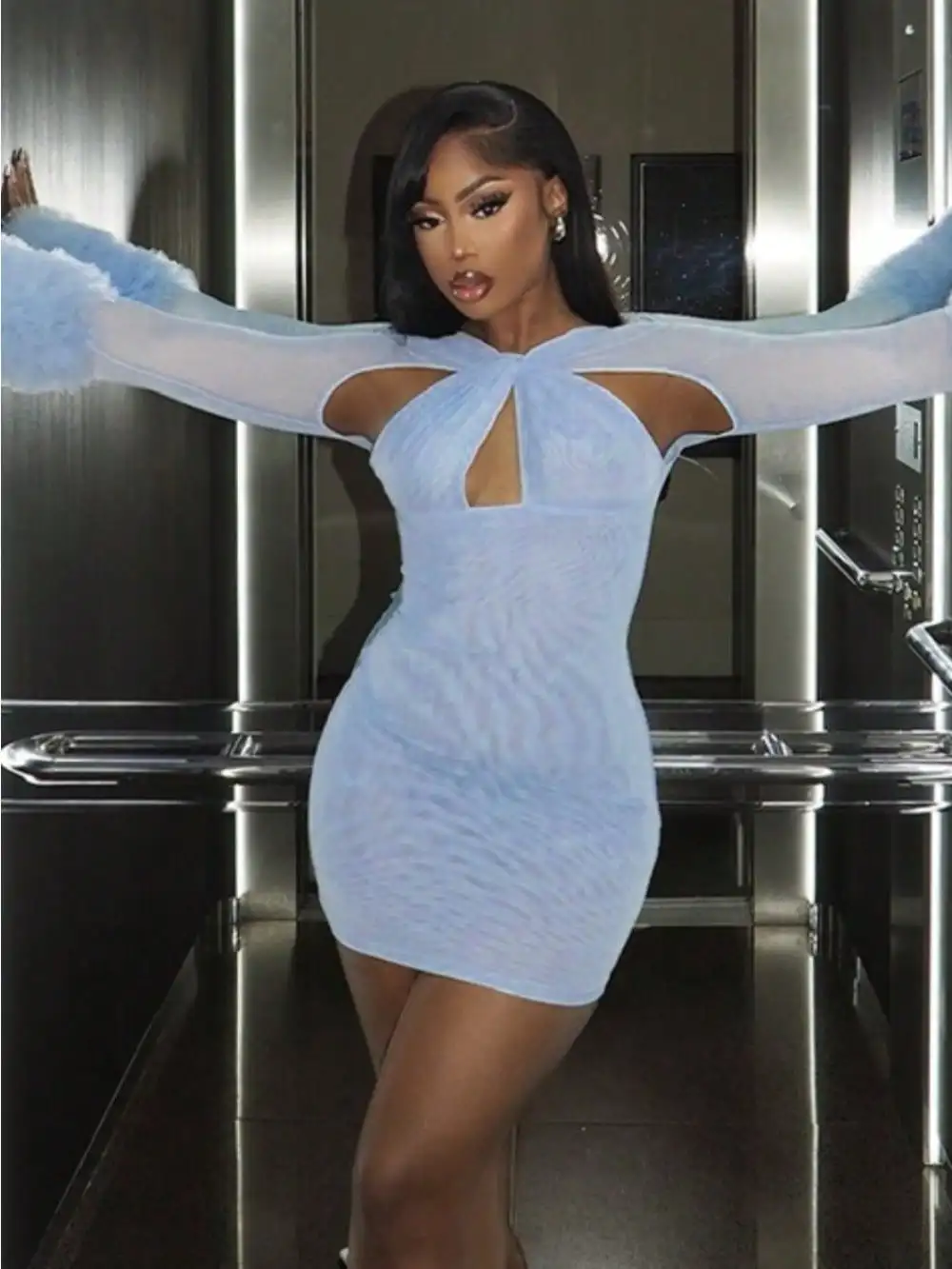 Winter And Autumn Women's Net Fabric Cross-Pleated Long-Sleeved Fur-Lined Tight-Sleeved A-Line Skirt With Waistband - Image 6