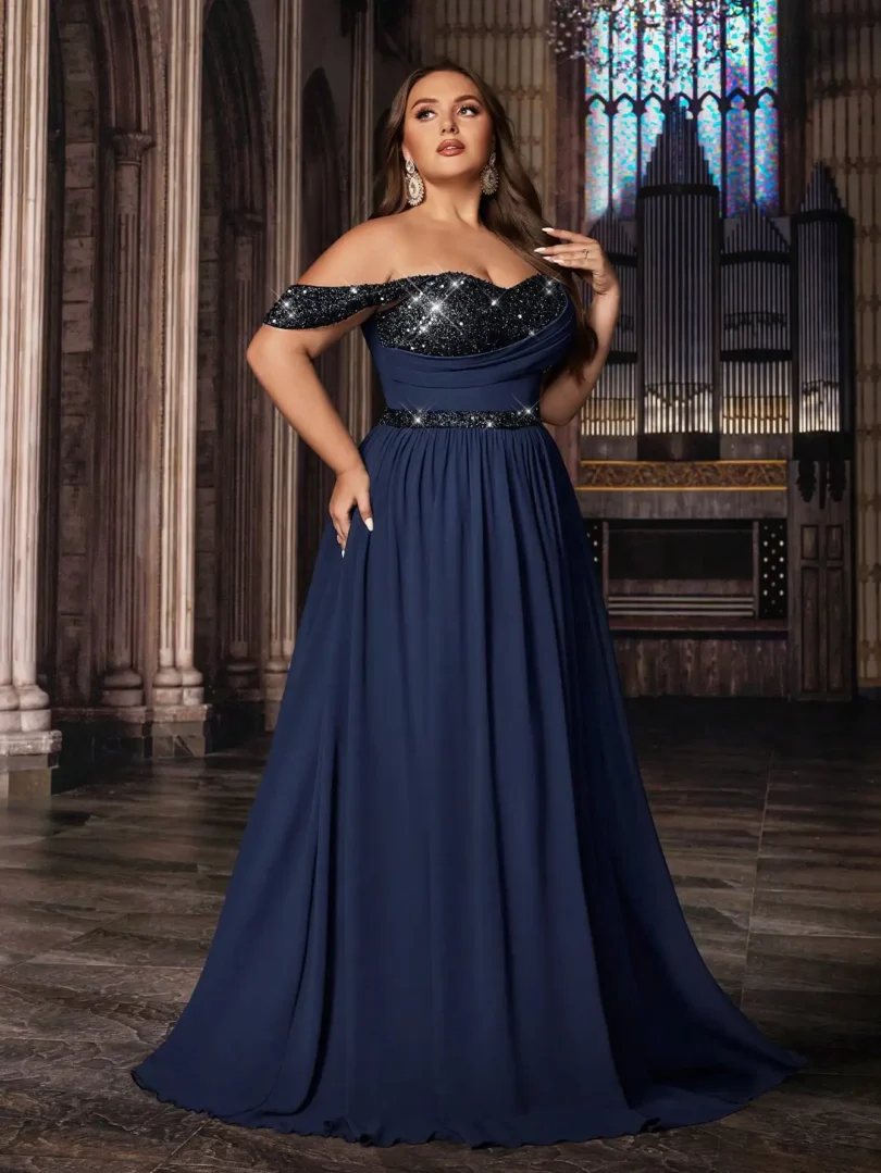 Navy Blue Plus Size Off Shoulder Sequin Gown with High Slit for Prom ...