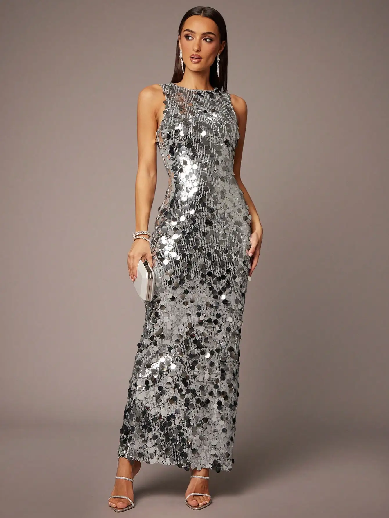 Silver Sequin Sleeveless Maxi Dress with High Slit, Elegant Party Gown for Evening Events - Image 3