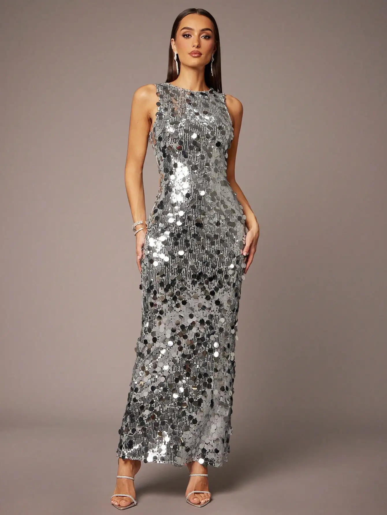 Silver Sequin Sleeveless Maxi Dress with High Slit, Elegant Party Gown for Evening Events - Image 4
