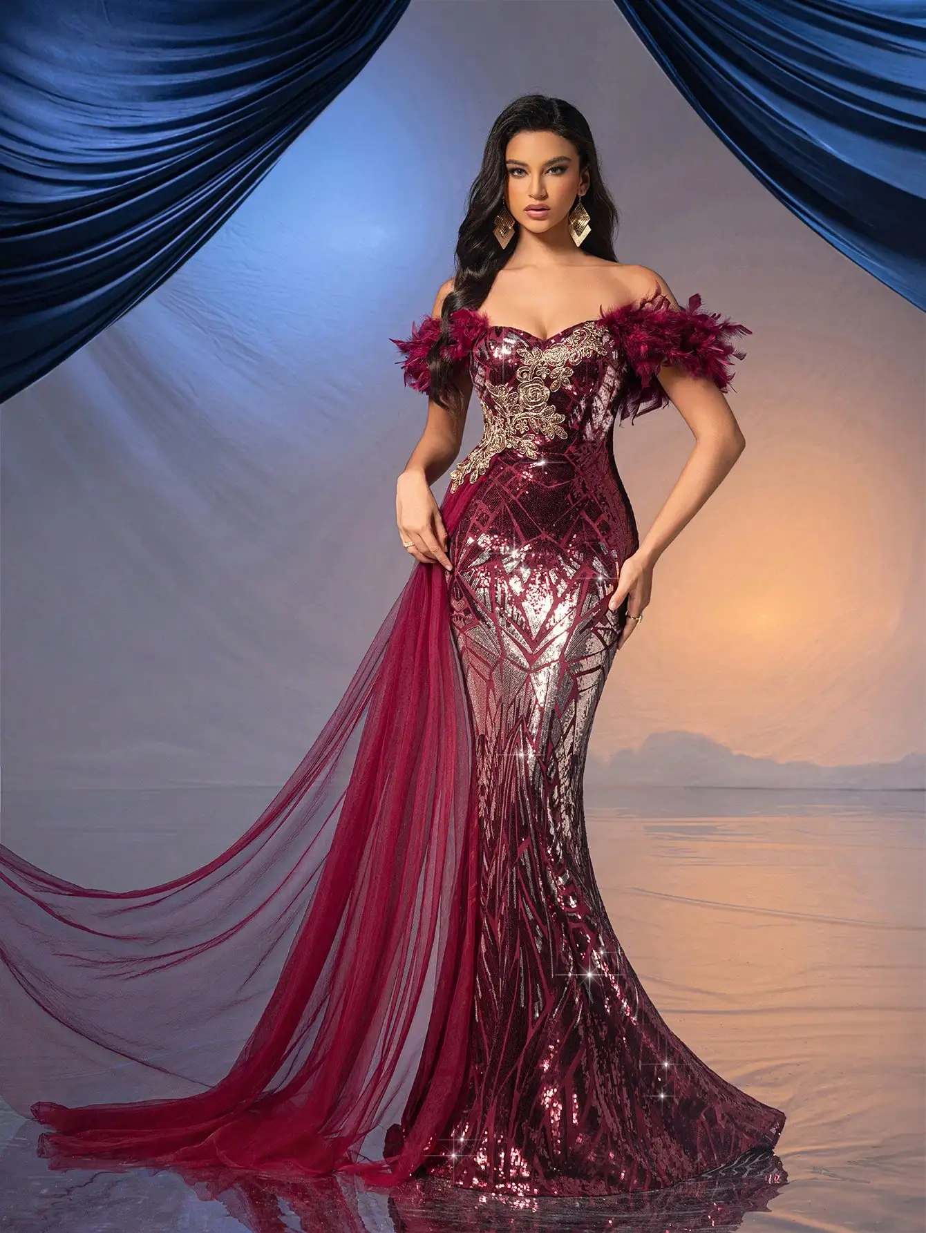 Burgundy Sequin Mermaid Gown with Feather Shoulder & Floral Embroidery for Evening, Wedding Guest, Party - Image 3