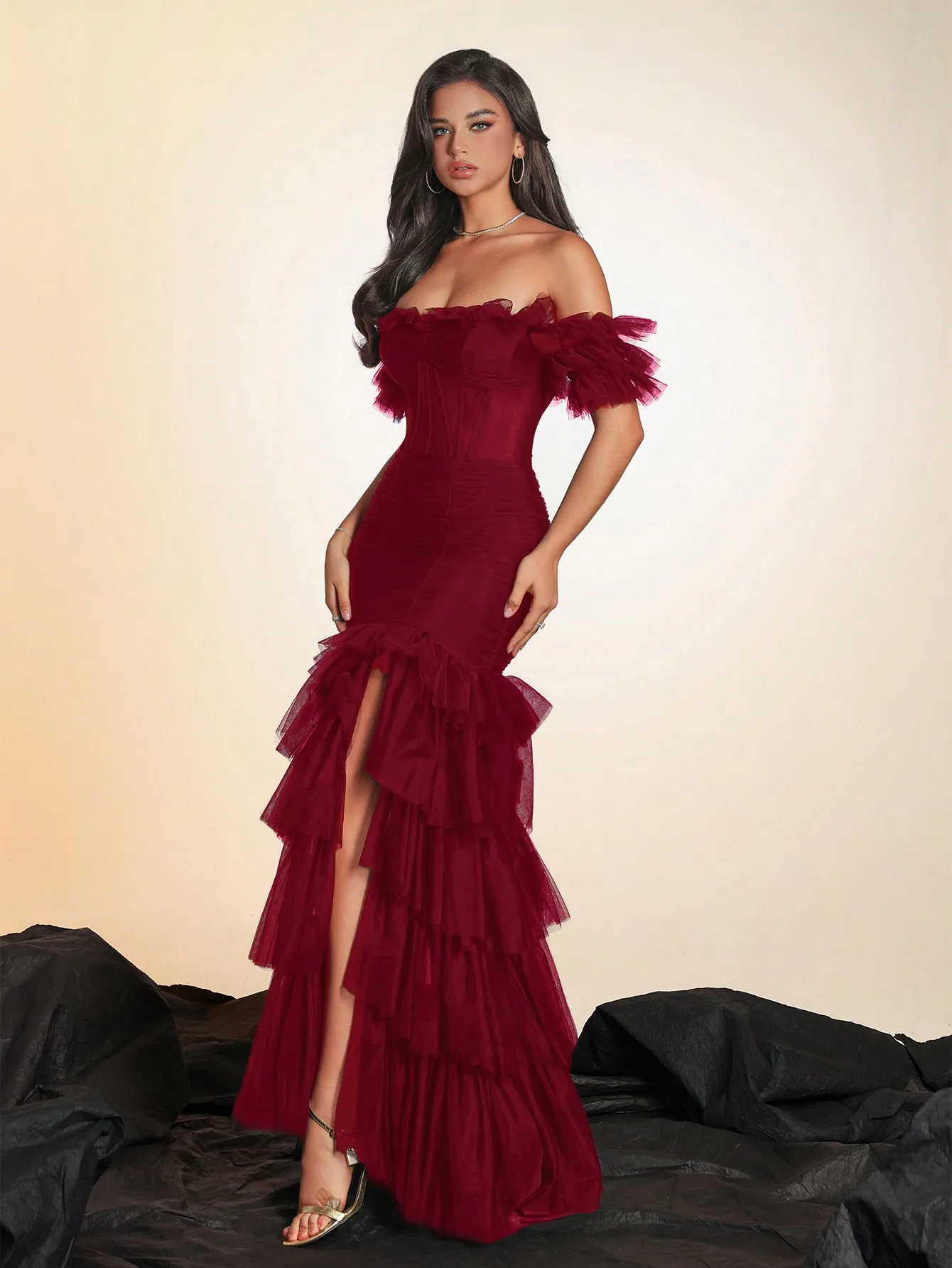 Elegant Off Shoulder Ruched Mermaid Dress with Tulle Ruffles for Prom Wedding Guest Party - Image 4