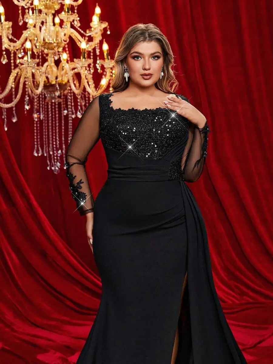 Elegant Black Plus Size Evening Gown with Beaded Bodice, Sheer Sleeves & High Slit - Image 4
