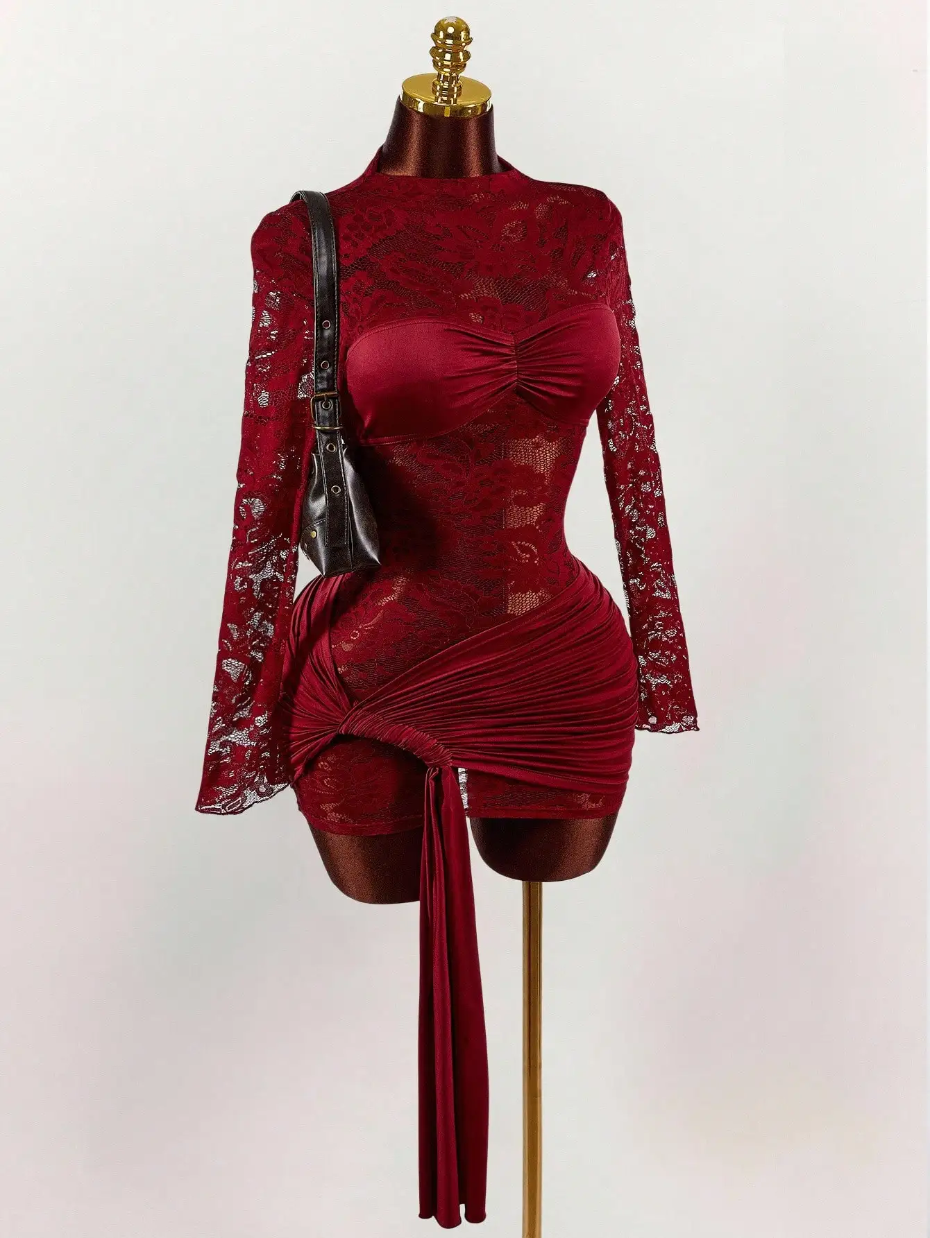 Red Lace Bodycon Mini Dress with Long Sleeves, Ruched Bust & Drawstring Hem for Party Night Club - Image 3