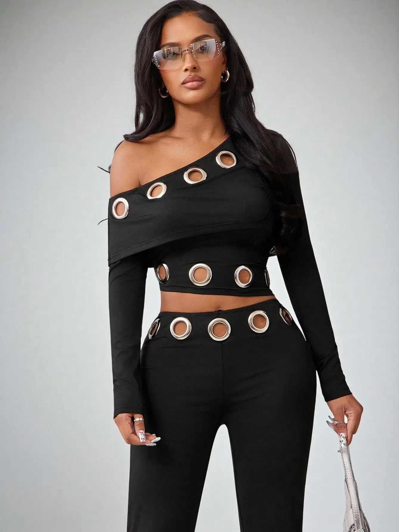 Black Asymmetrical Long Sleeve Top & Low-Waist Pants Set with Metal Grommet Detail