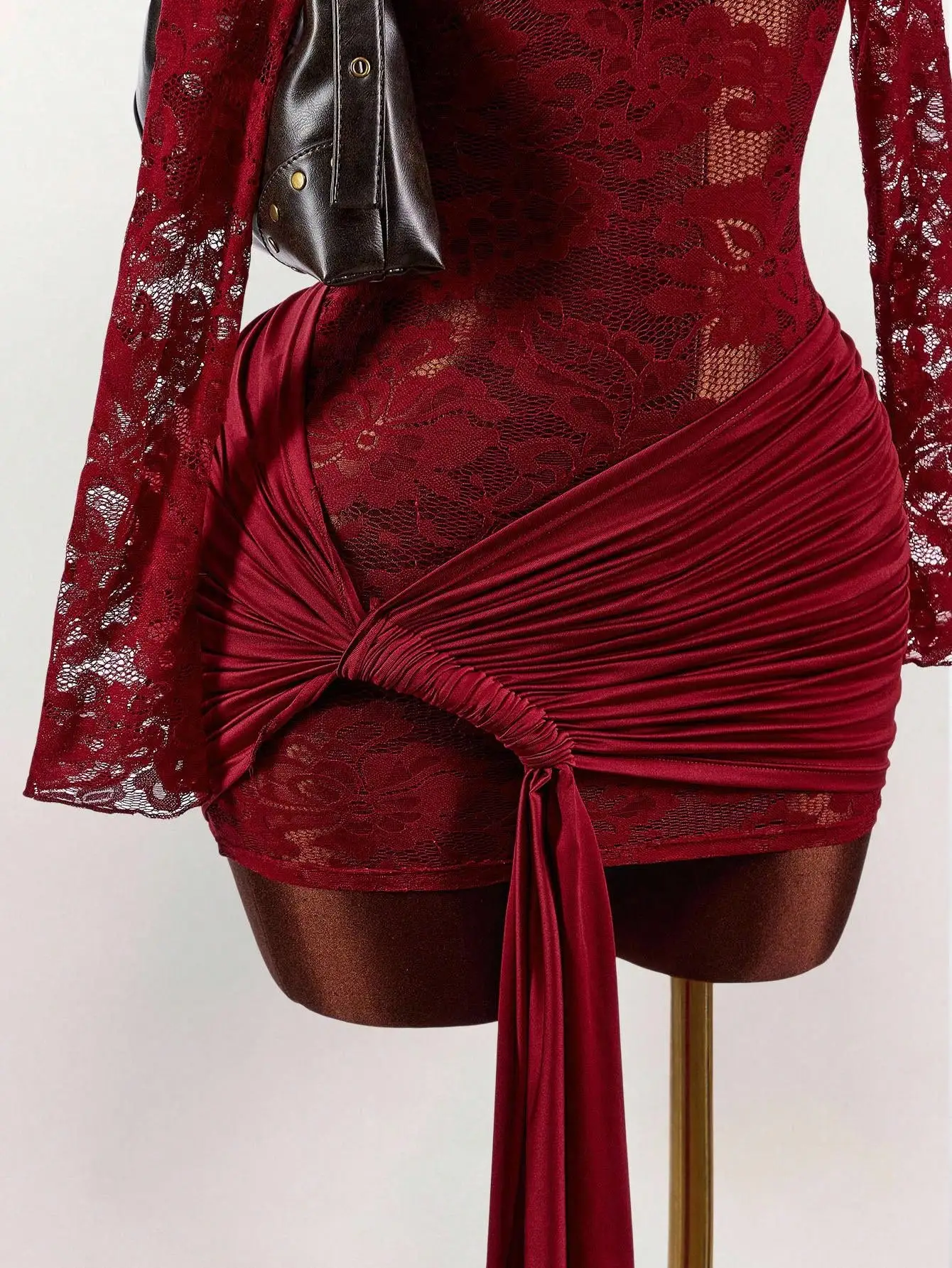 Red Lace Bodycon Mini Dress with Long Sleeves, Ruched Bust & Drawstring Hem for Party Night Club - Image 5