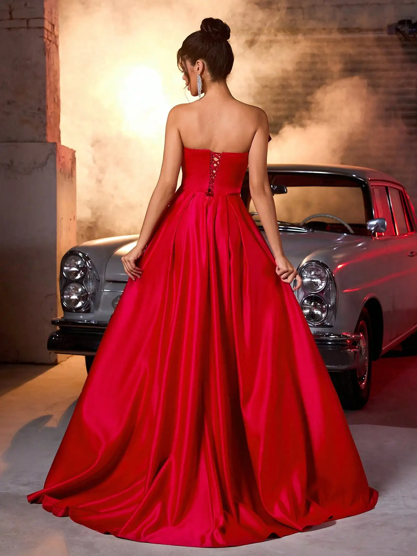 Red Satin One-Shoulder Maxi Dress with Large Bow & High Slit for Weddings, Parties, Evening Events - Image 3