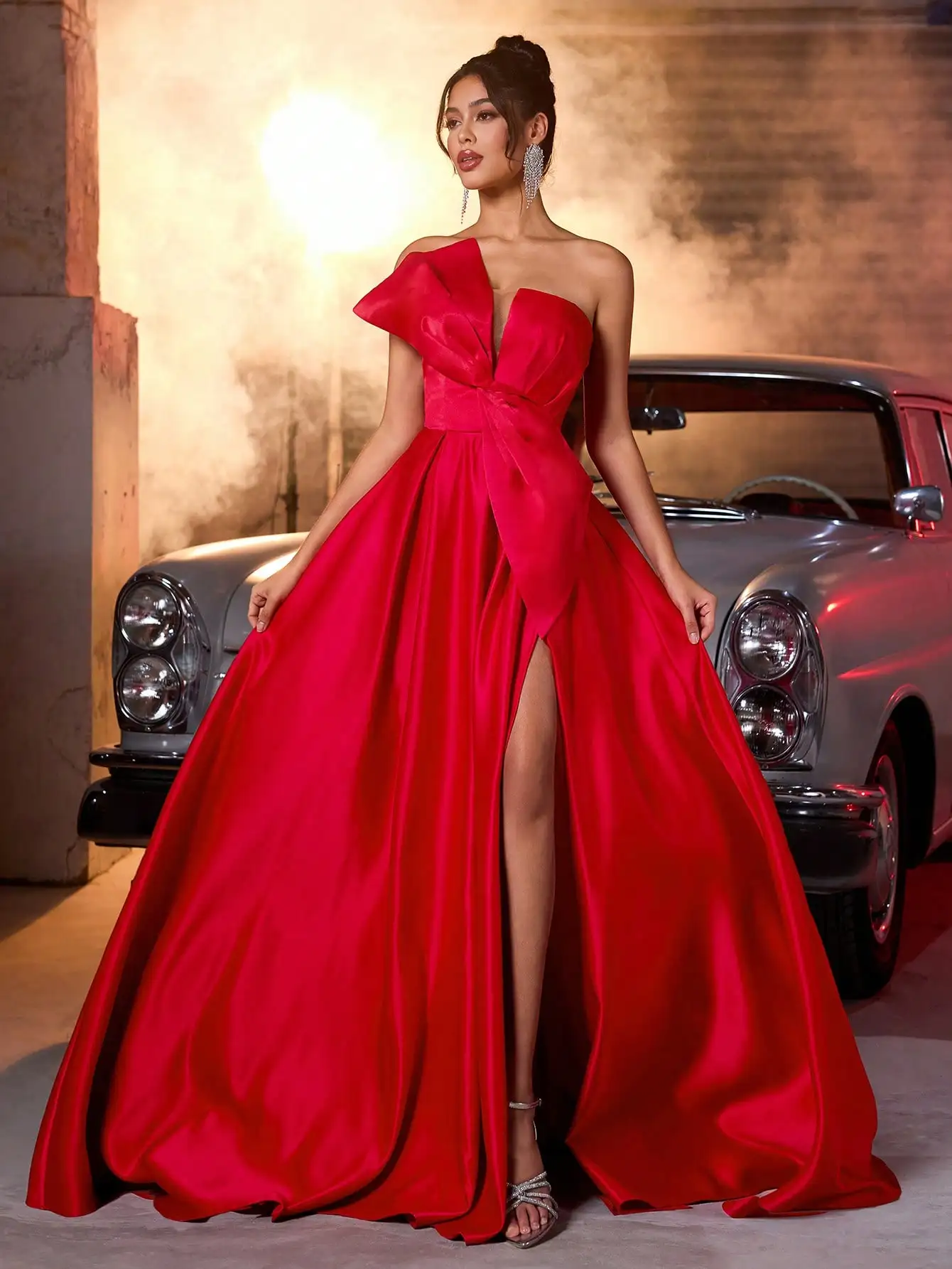 Red Satin One-Shoulder Maxi Dress with Large Bow & High Slit for Weddings, Parties, Evening Events - Image 4
