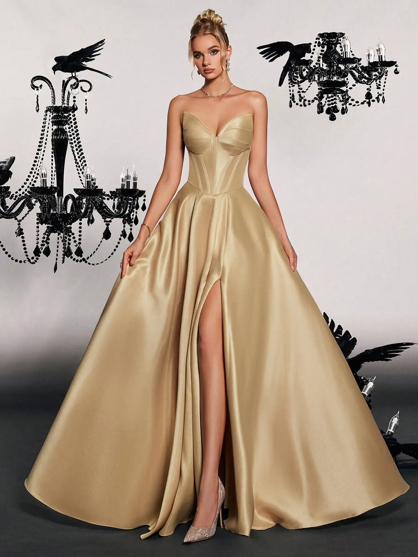 Elegant Strapless Satin Gown with High Slit, Formal Evening Dress for Wedding Guest or Party - Image 3