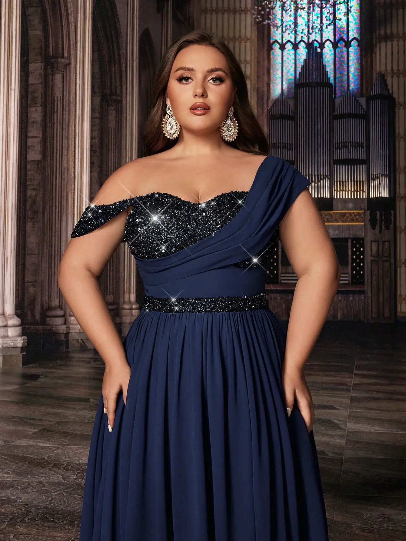 Navy Blue Plus Size Off Shoulder Sequin Gown with High Slit for Prom & Evening Events - Image 6