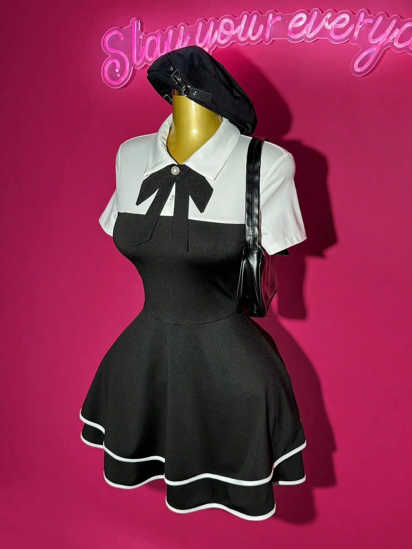 Polo Collar Bowknot Color Block Mini Dress with Ruffle Hem, A-Line Fit for Casual Date Party - Image 5