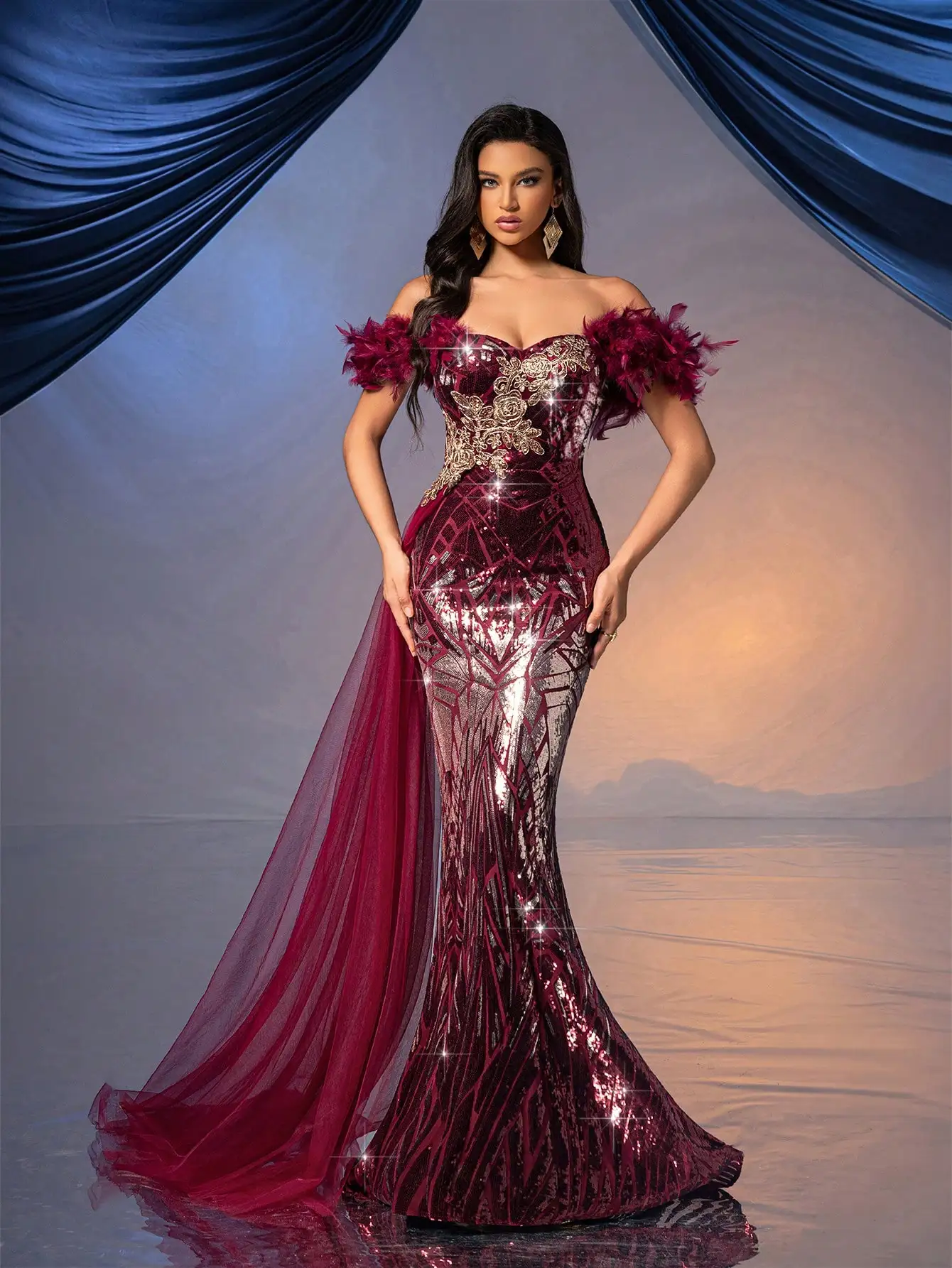 Burgundy Sequin Mermaid Gown with Feather Shoulder & Floral Embroidery for Evening, Wedding Guest, Party