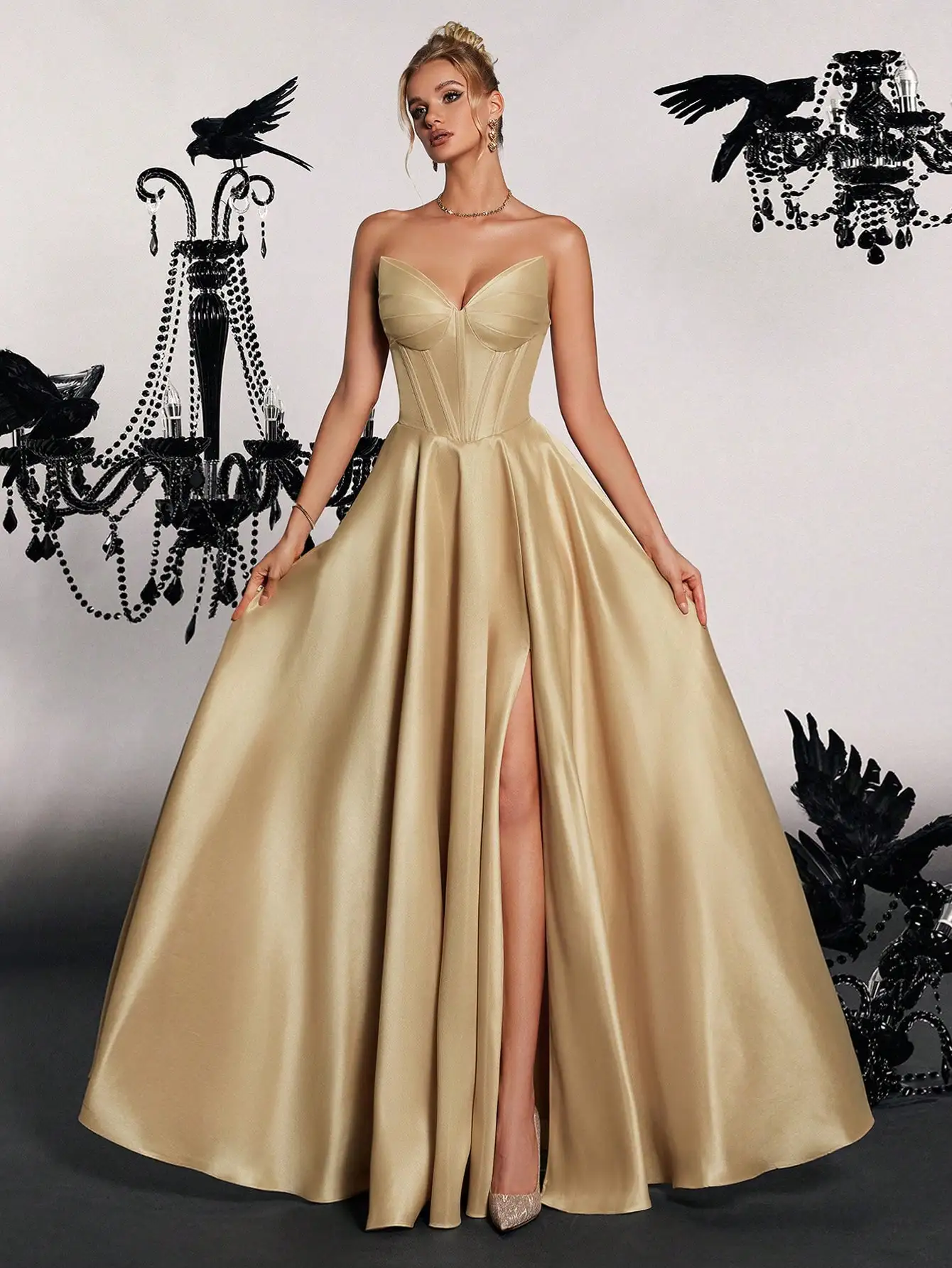Elegant Strapless Satin Gown with High Slit, Formal Evening Dress for Wedding Guest or Party - Image 5