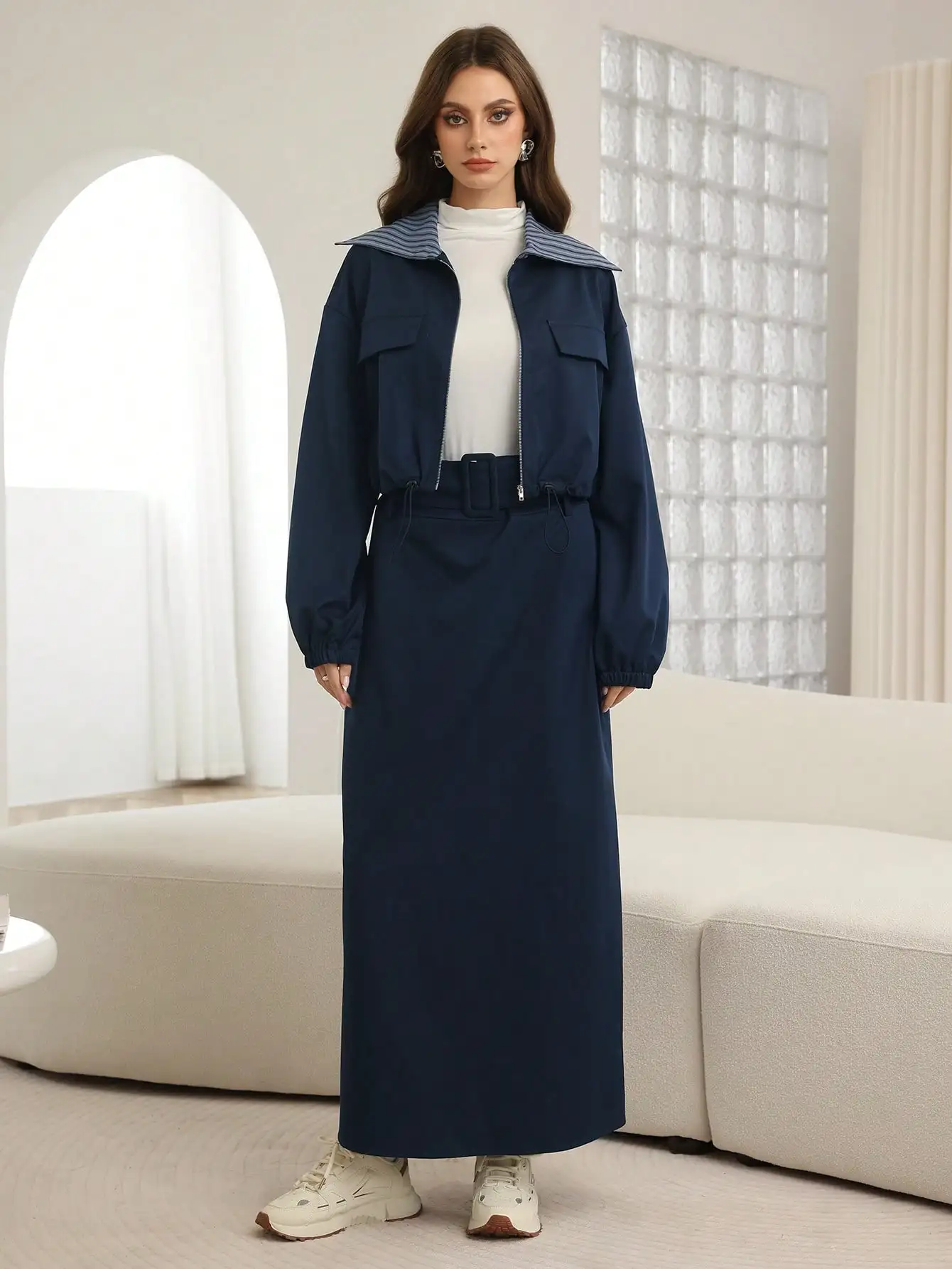 Women's Navy Blue Utility Zip-Up Short Jacket Top With Striped Fabric, Long Sleeve, Wide Waistband, D-Ring Belt - Image 3