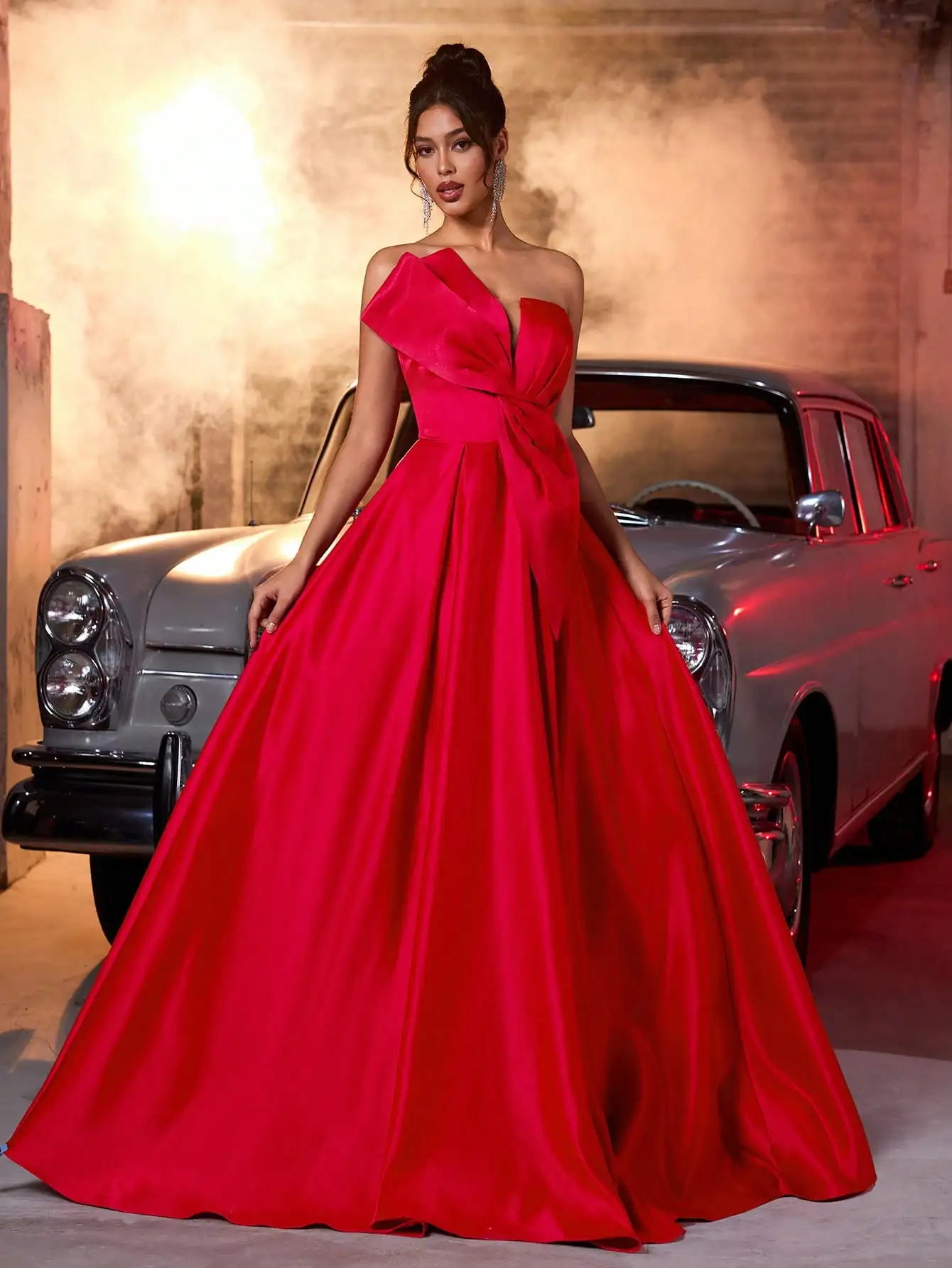 Red Satin One-Shoulder Maxi Dress with Large Bow & High Slit for Weddings, Parties, Evening Events - Image 6
