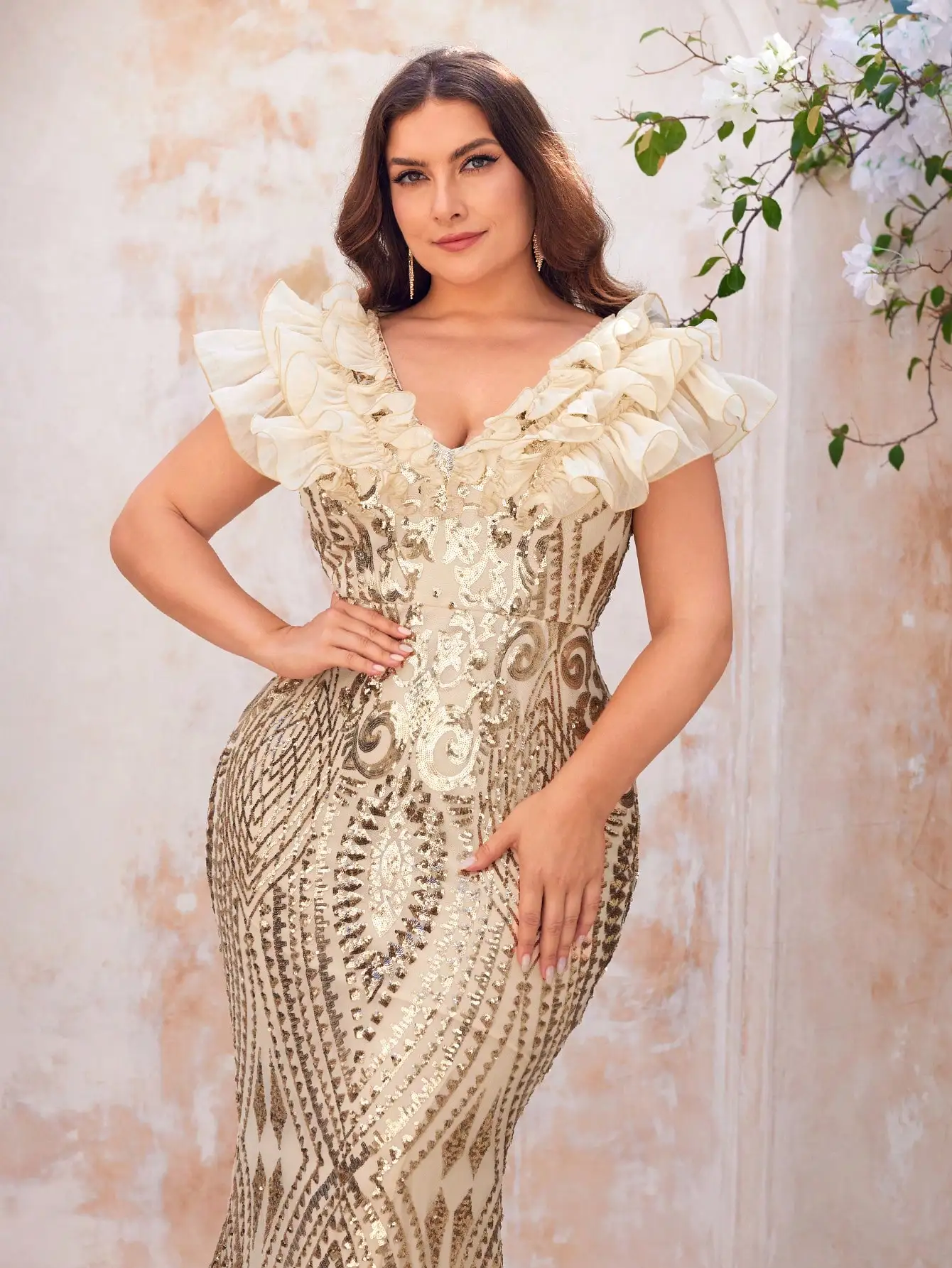 Champagne Gold Sequin Ruffled Fish Tail Evening Dress for Prom, Wedding Guest, Graduation - Image 5